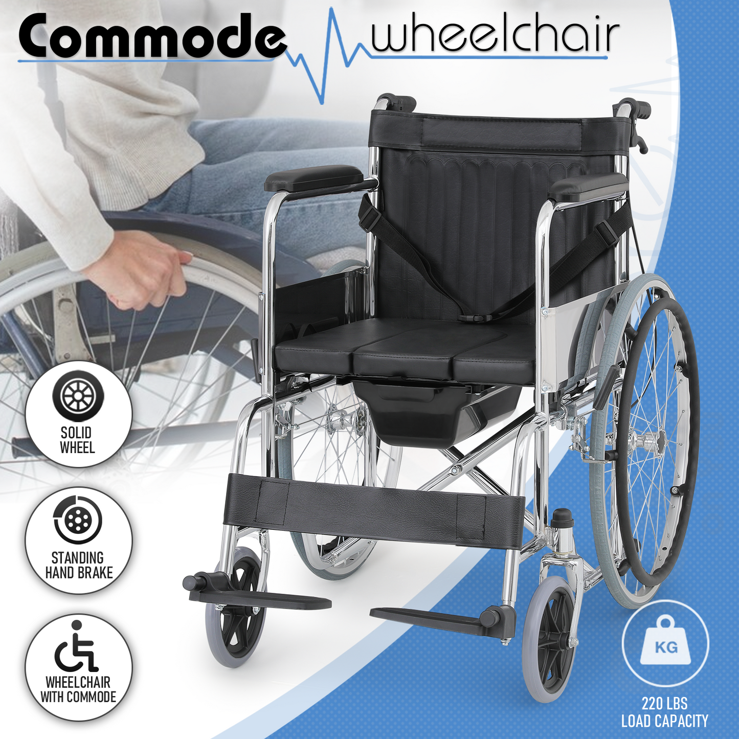 Wheelchair w/Commode - Steel Frame PVC with Foam Seat - 17*17'' Seat Size