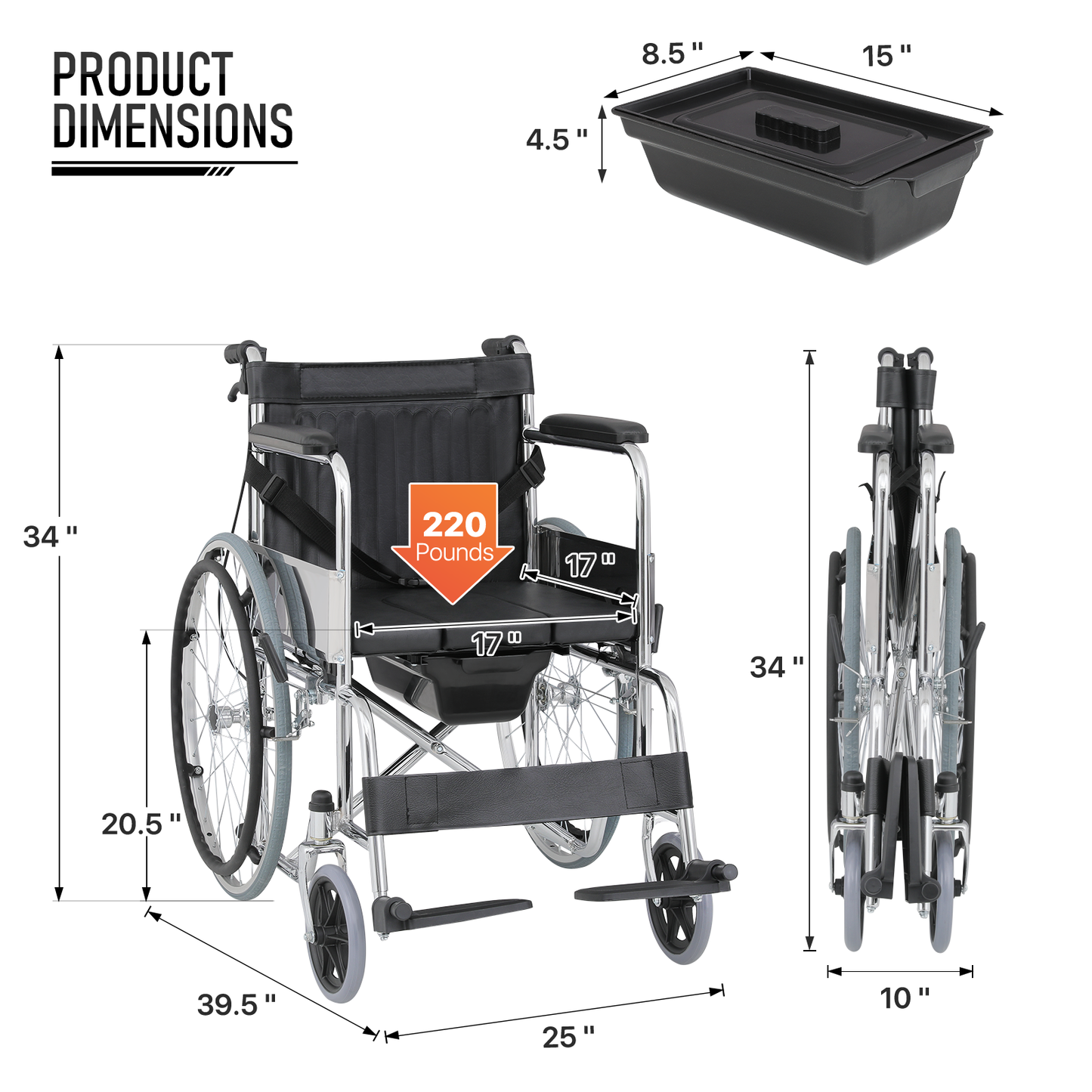 Wheelchair w/Commode - Steel Frame PVC with Foam Seat - 17*17'' Seat Size