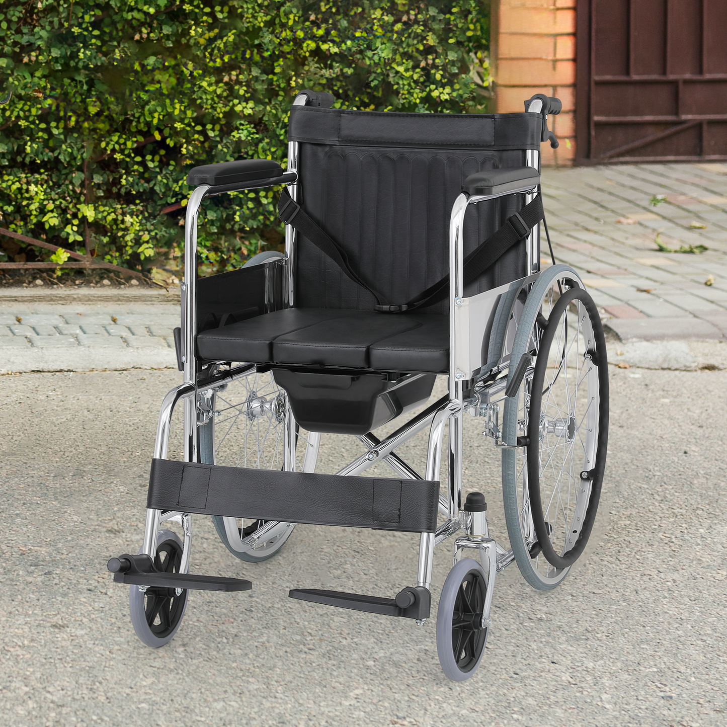 Wheelchair w/Commode - Steel Frame PVC with Foam Seat - 17*17'' Seat Size