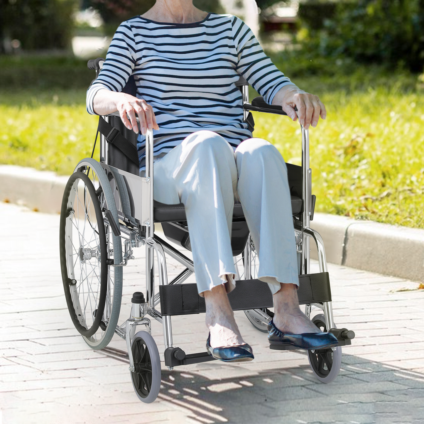 Wheelchair w/Commode - Steel Frame PVC with Foam Seat - 17*17'' Seat Size