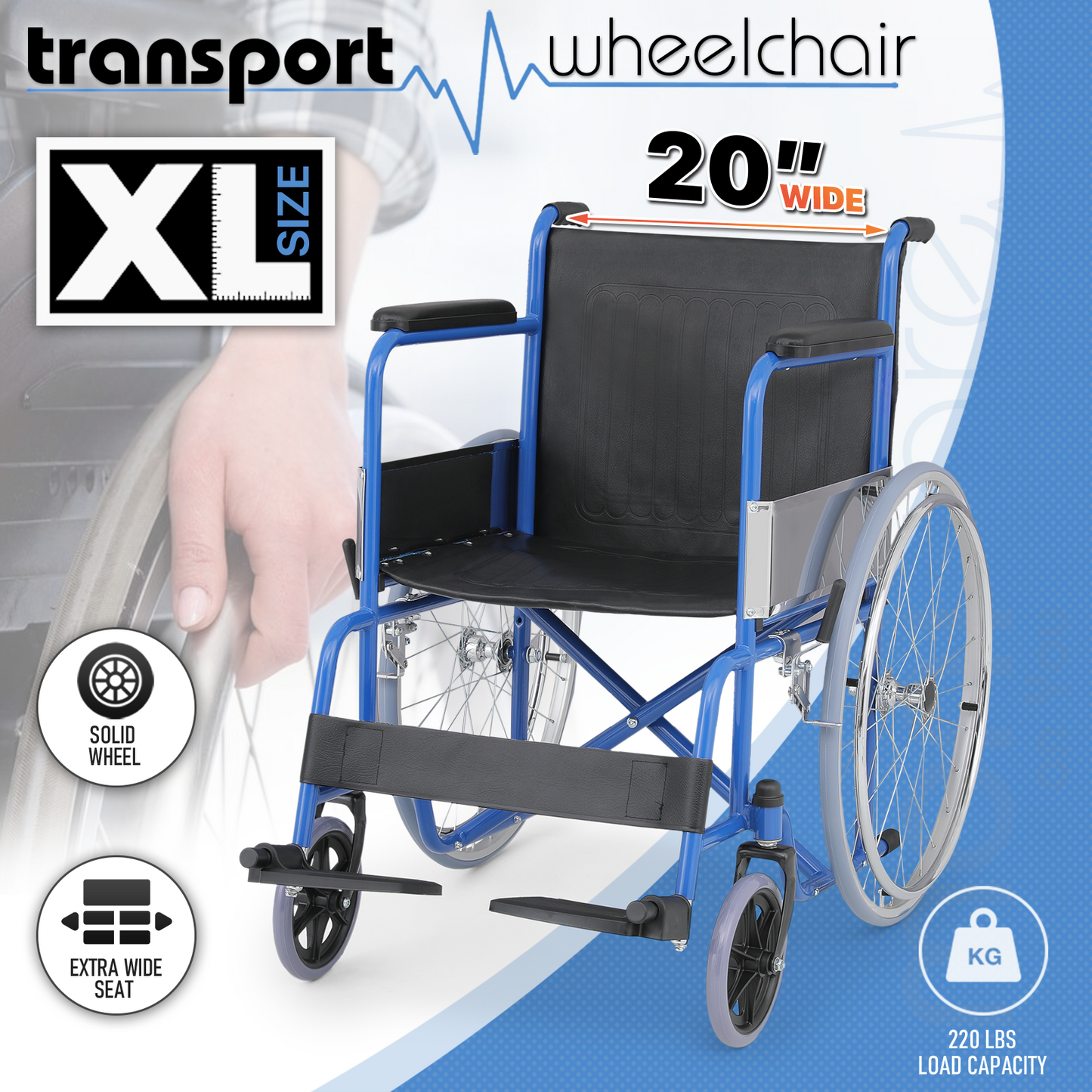 Wheelchair - Steel Frame PVC Seat - 7.5" Front & 22.5'' Rear Wheel - 20*16'' Seat Size