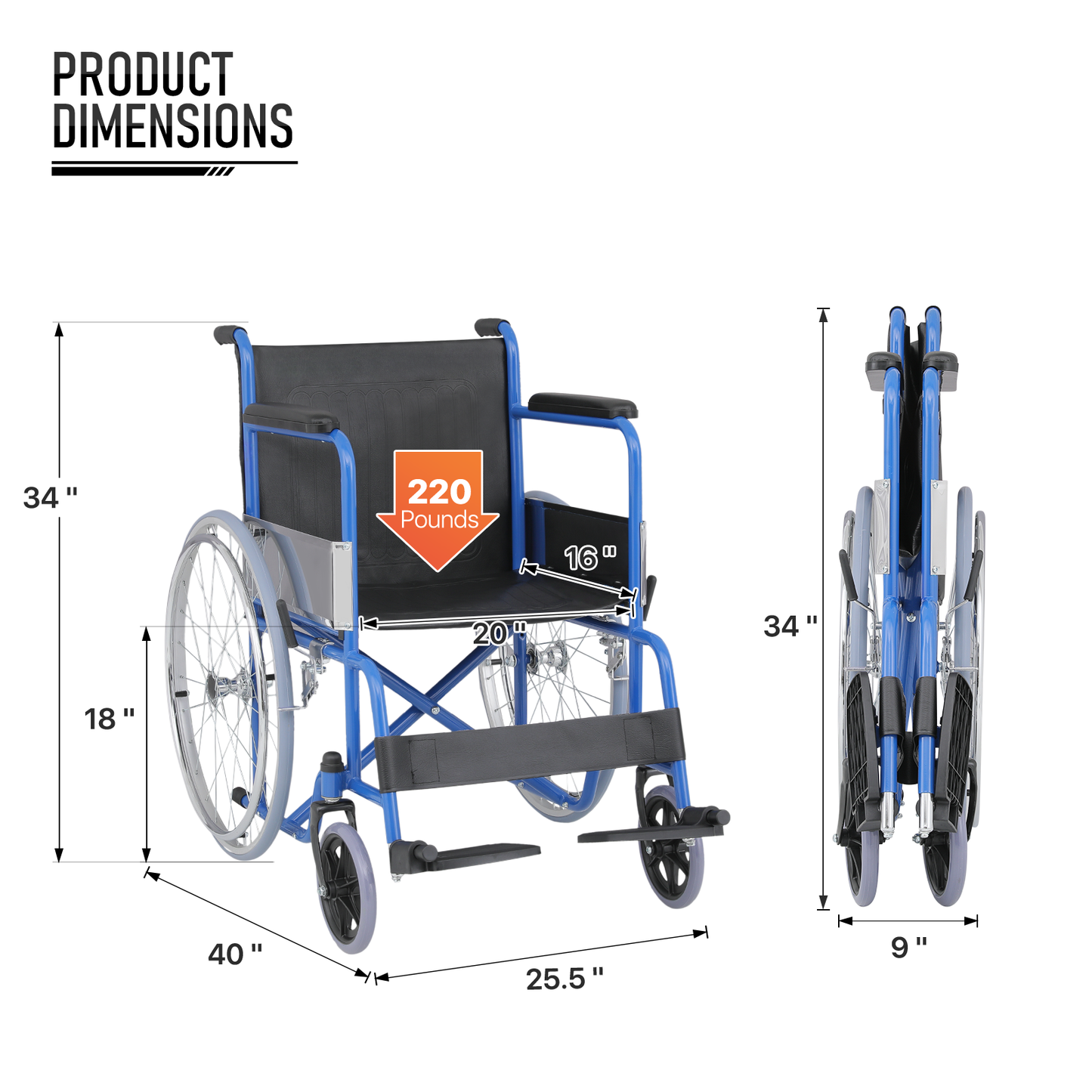 Wheelchair - Steel Frame PVC Seat - 7.5" Front & 22.5'' Rear Wheel - 20*16'' Seat Size