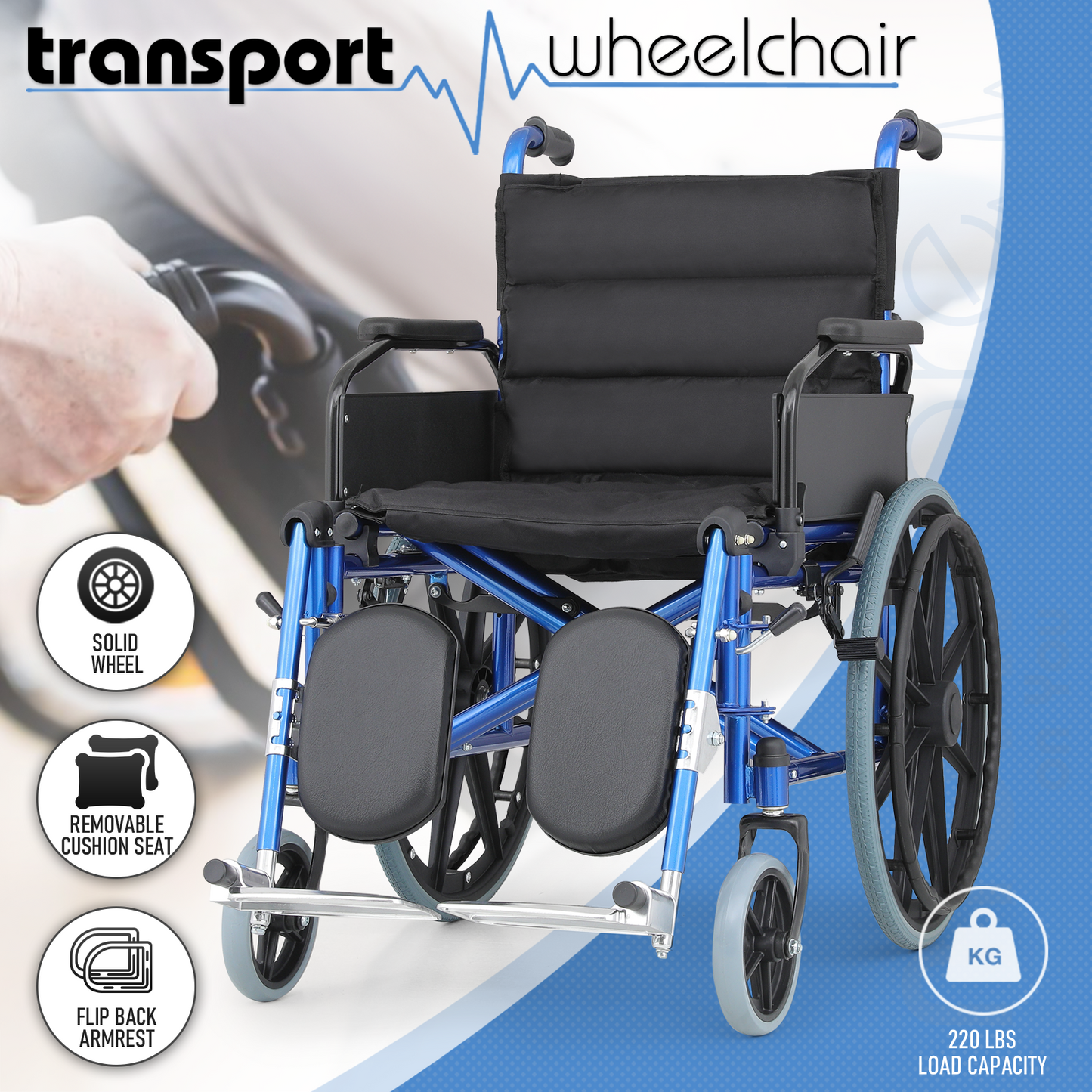 Wheelchair - Steel Frame Textile Seat w/Removable Oxford Cloth Cushion - 18.5*16'' Seat Size