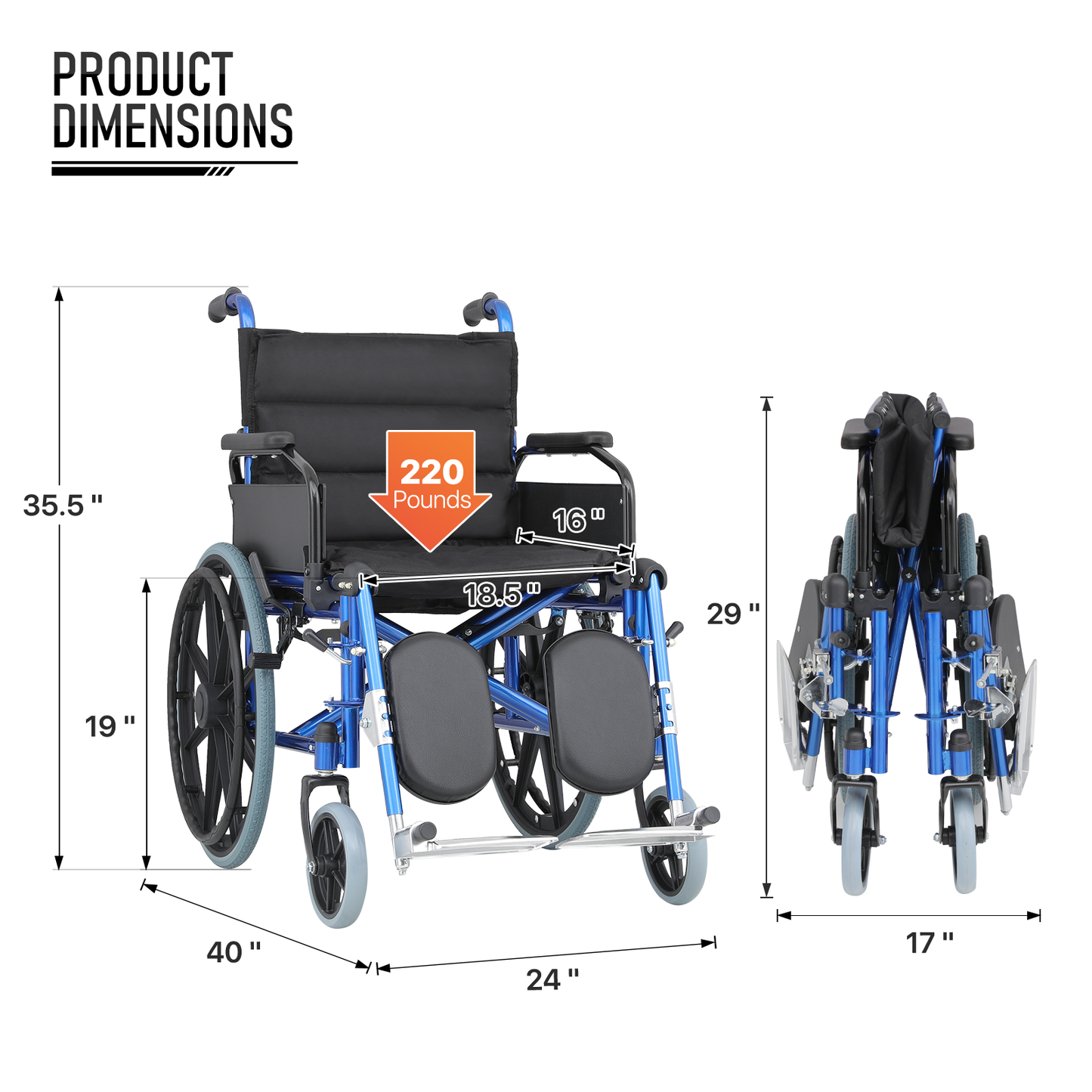 Wheelchair - Steel Frame Textile Seat w/Removable Oxford Cloth Cushion - 18.5*16'' Seat Size