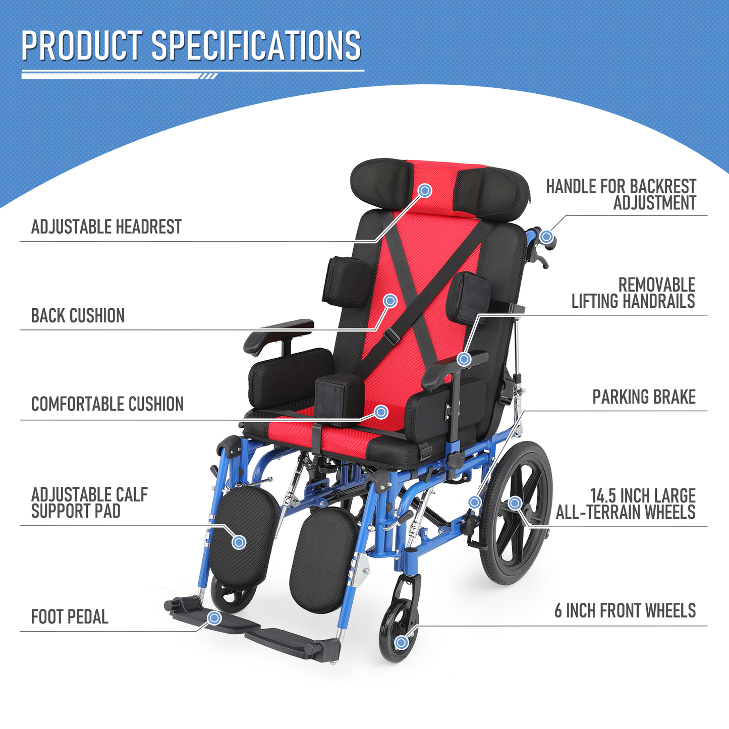 Wheelchair - Aluminum Alloy Frame Foam Seat - 100°-160° Adjustable Backrest - 18*14.5'' Seat Size