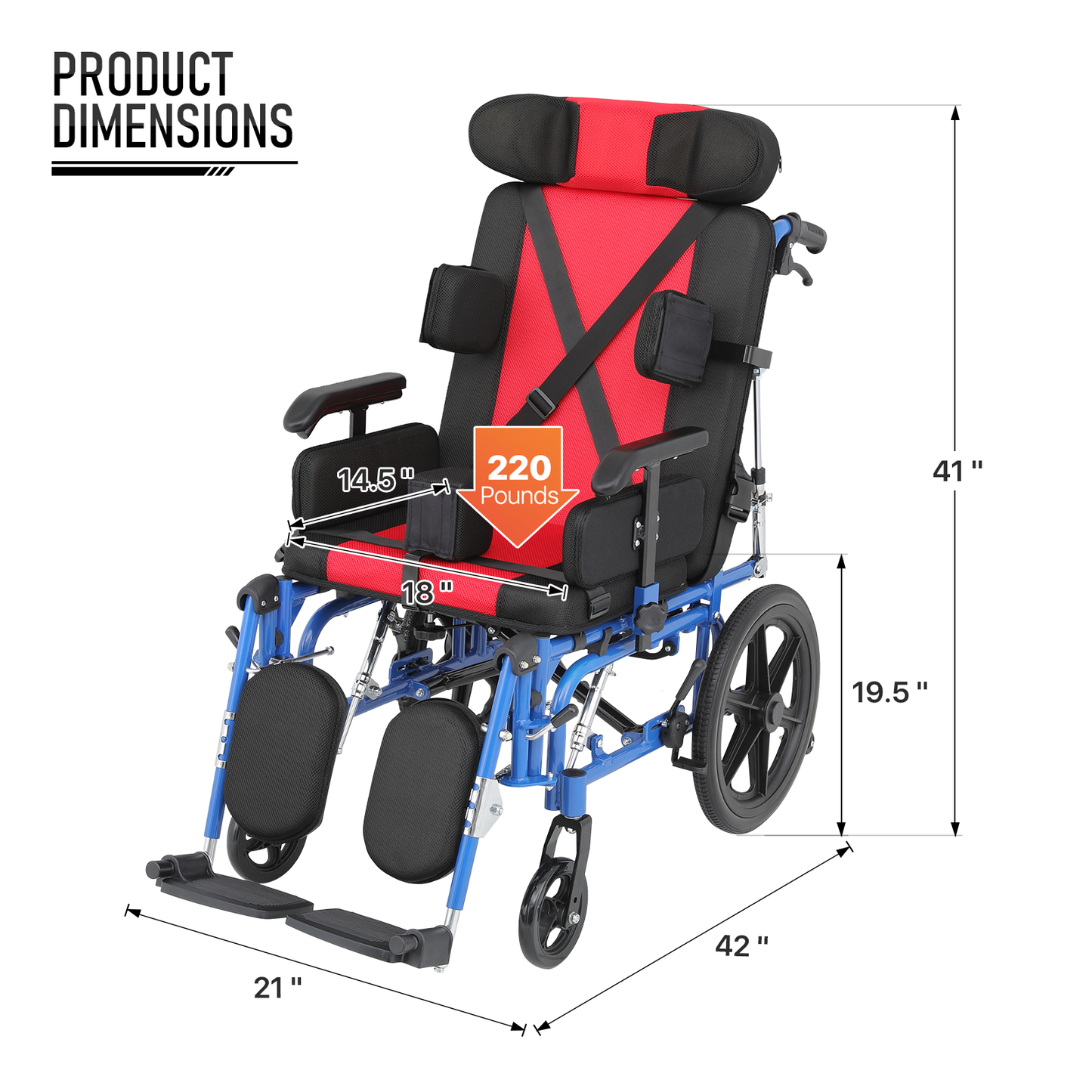 Wheelchair - Aluminum Alloy Frame Foam Seat - 100°-160° Adjustable Backrest - 18*14.5'' Seat Size