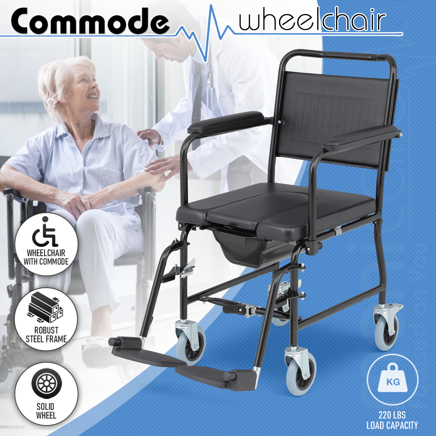 Wheelchair with Commode - Steel Frame PU with Foam Seat - 16.5" * 17'' Seat Size