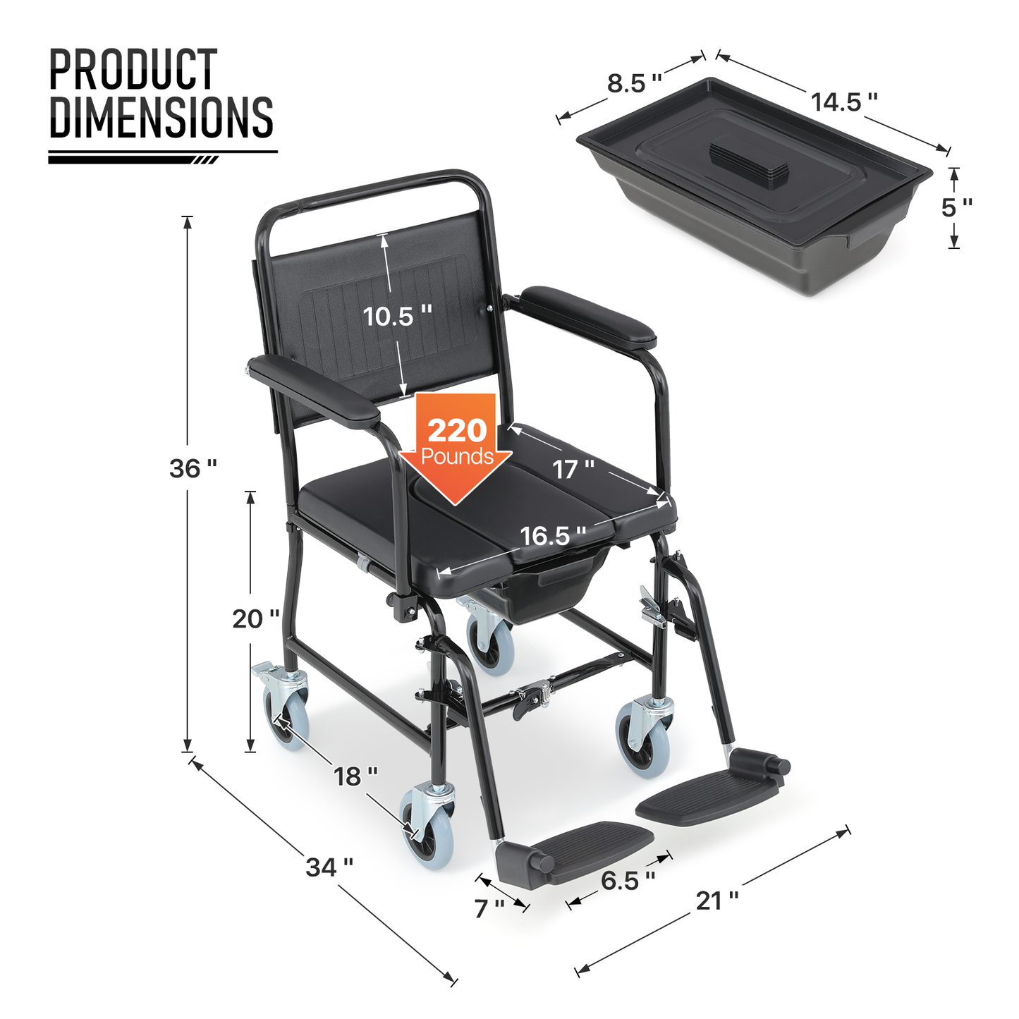 Wheelchair with Commode - Steel Frame PU with Foam Seat - 16.5" * 17'' Seat Size