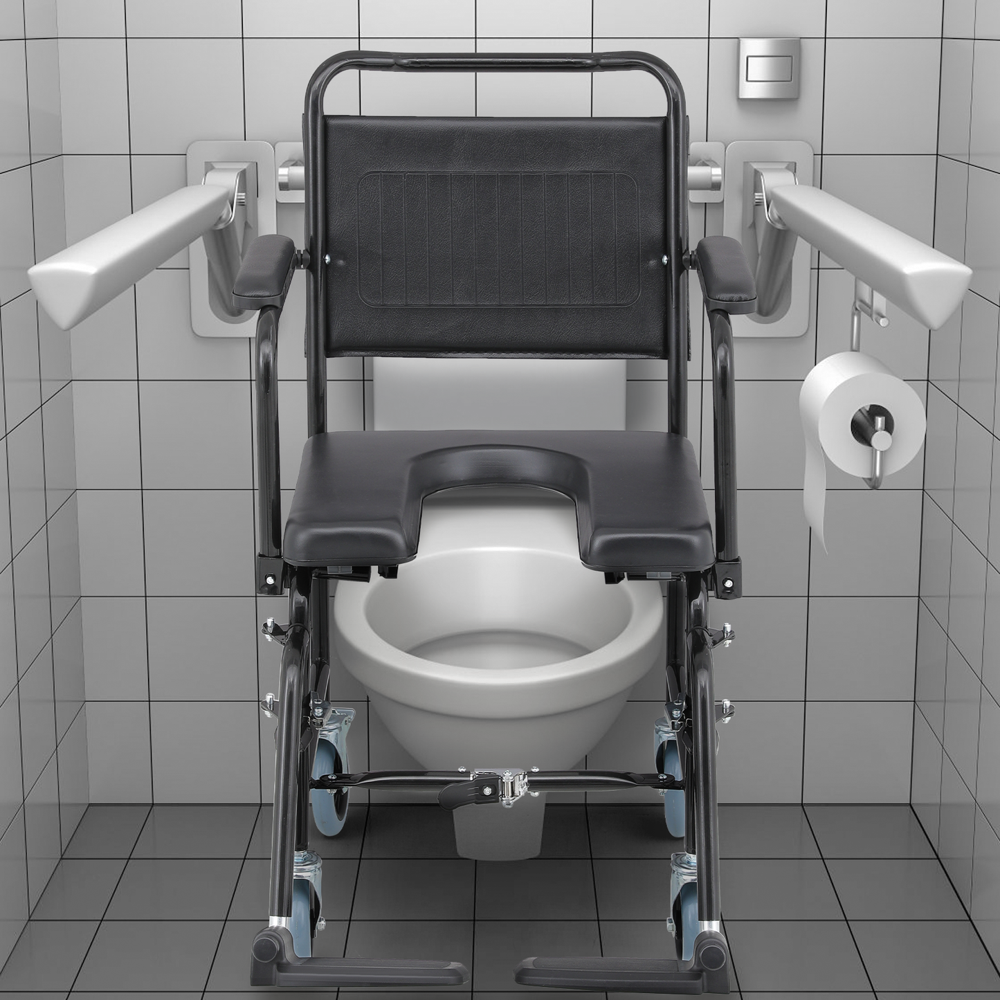 Wheelchair with Commode - Steel Frame PU with Foam Seat - 16.5" * 17'' Seat Size