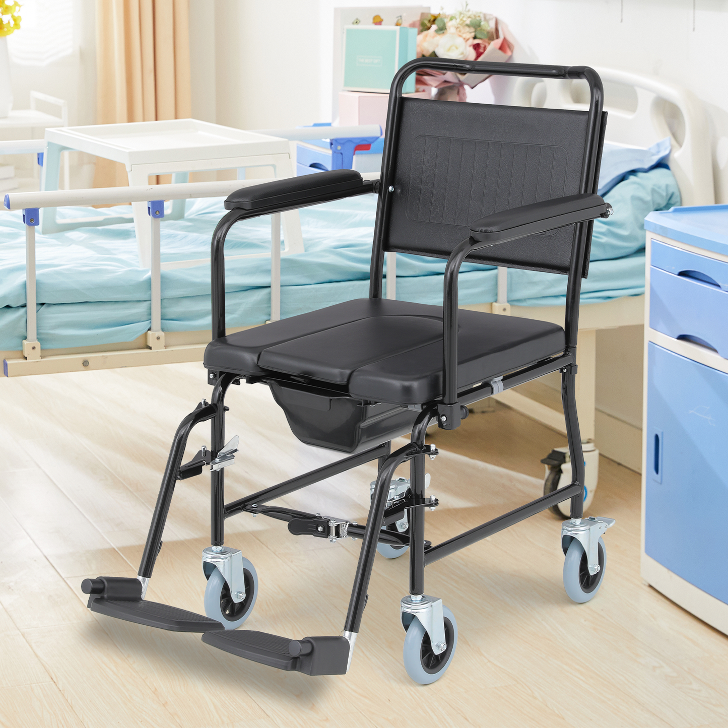 Wheelchair with Commode - Steel Frame PU with Foam Seat - 16.5" * 17'' Seat Size