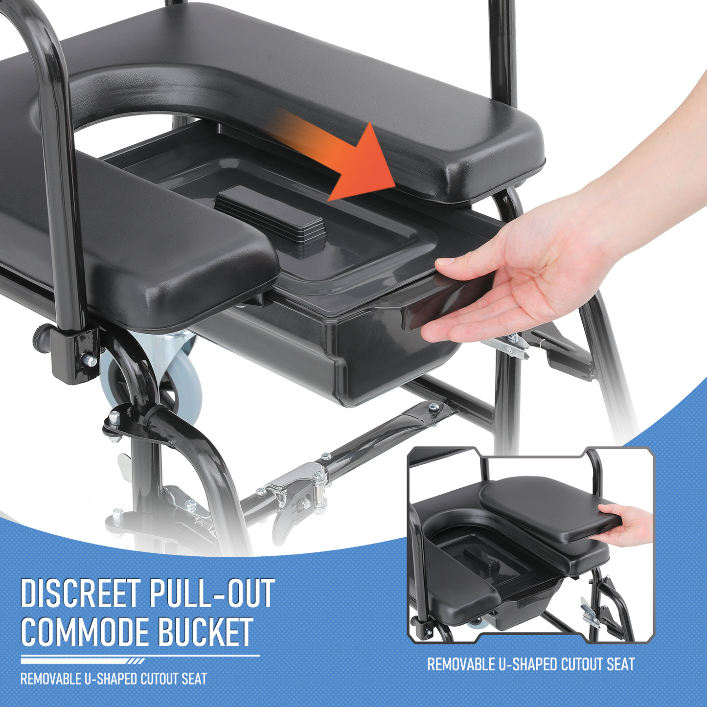 Wheelchair with Commode - Steel Frame PU with Foam Seat - 16.5" * 17'' Seat Size