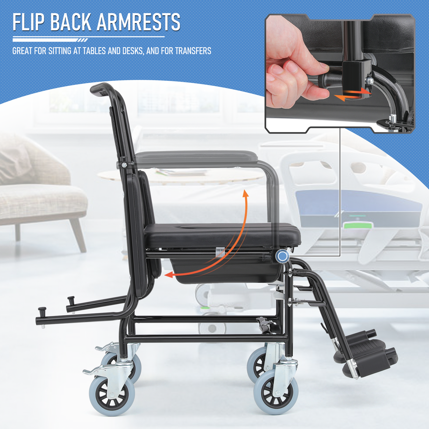 Wheelchair with Commode - Steel Frame PU with Foam Seat - 16.5" * 17'' Seat Size