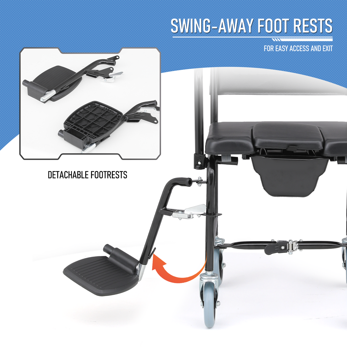 Wheelchair with Commode - Steel Frame PU with Foam Seat - 16.5" * 17'' Seat Size