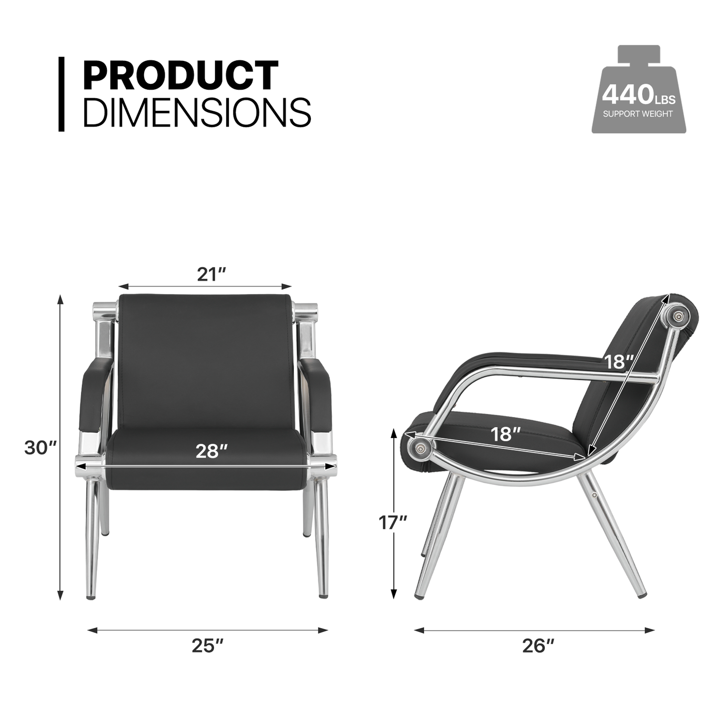 PU Leather Reception Chair - Metal Frame - Black
