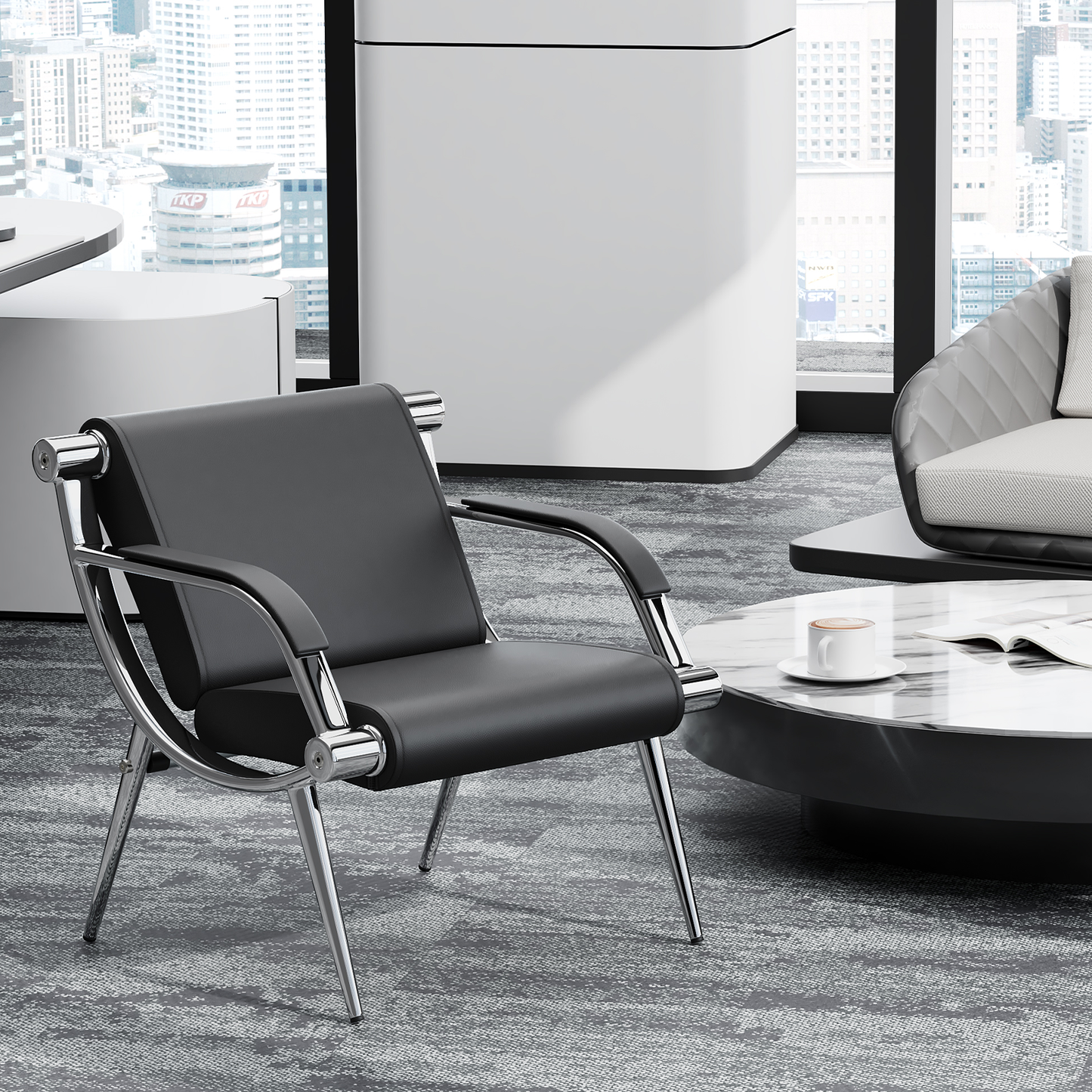 PU Leather Reception Chair - Metal Frame - Black