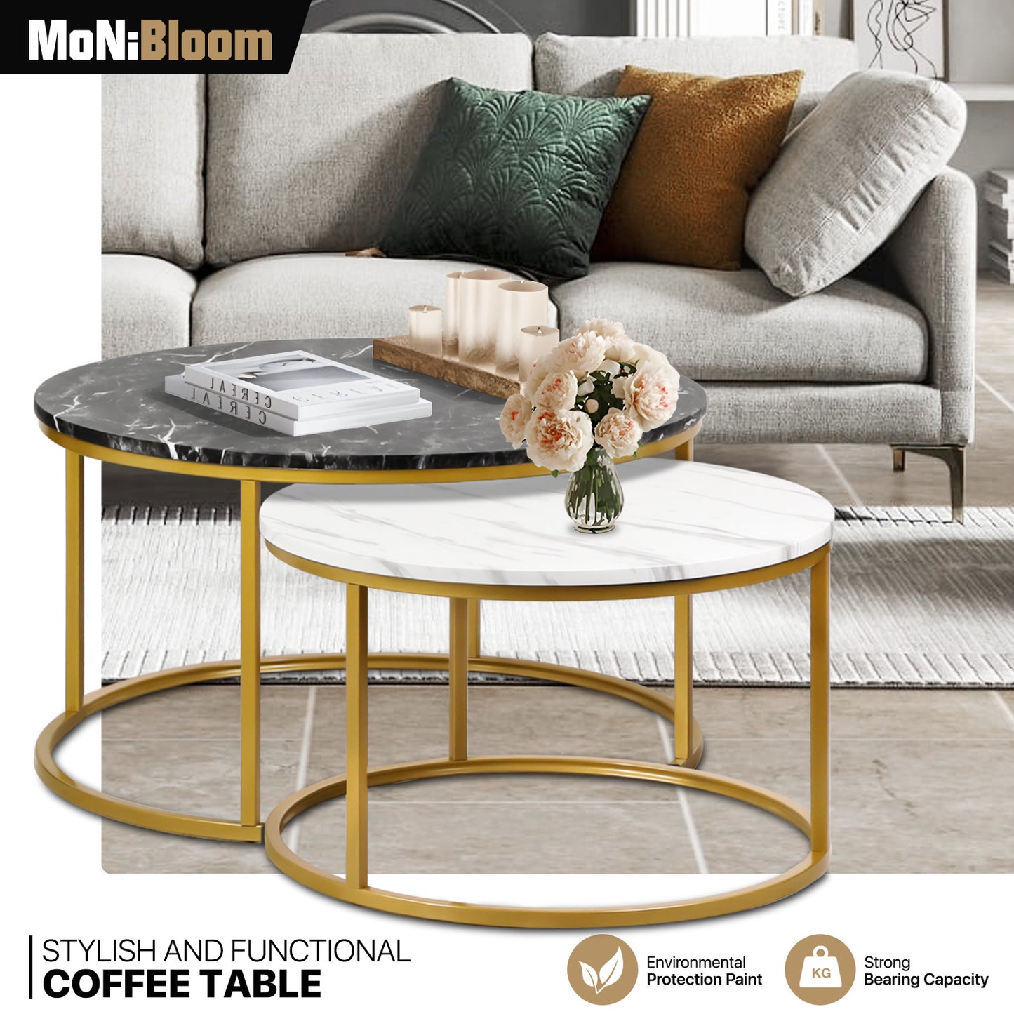 2-Piece Nesting Round Coffee Tables - Marbling Tabletop