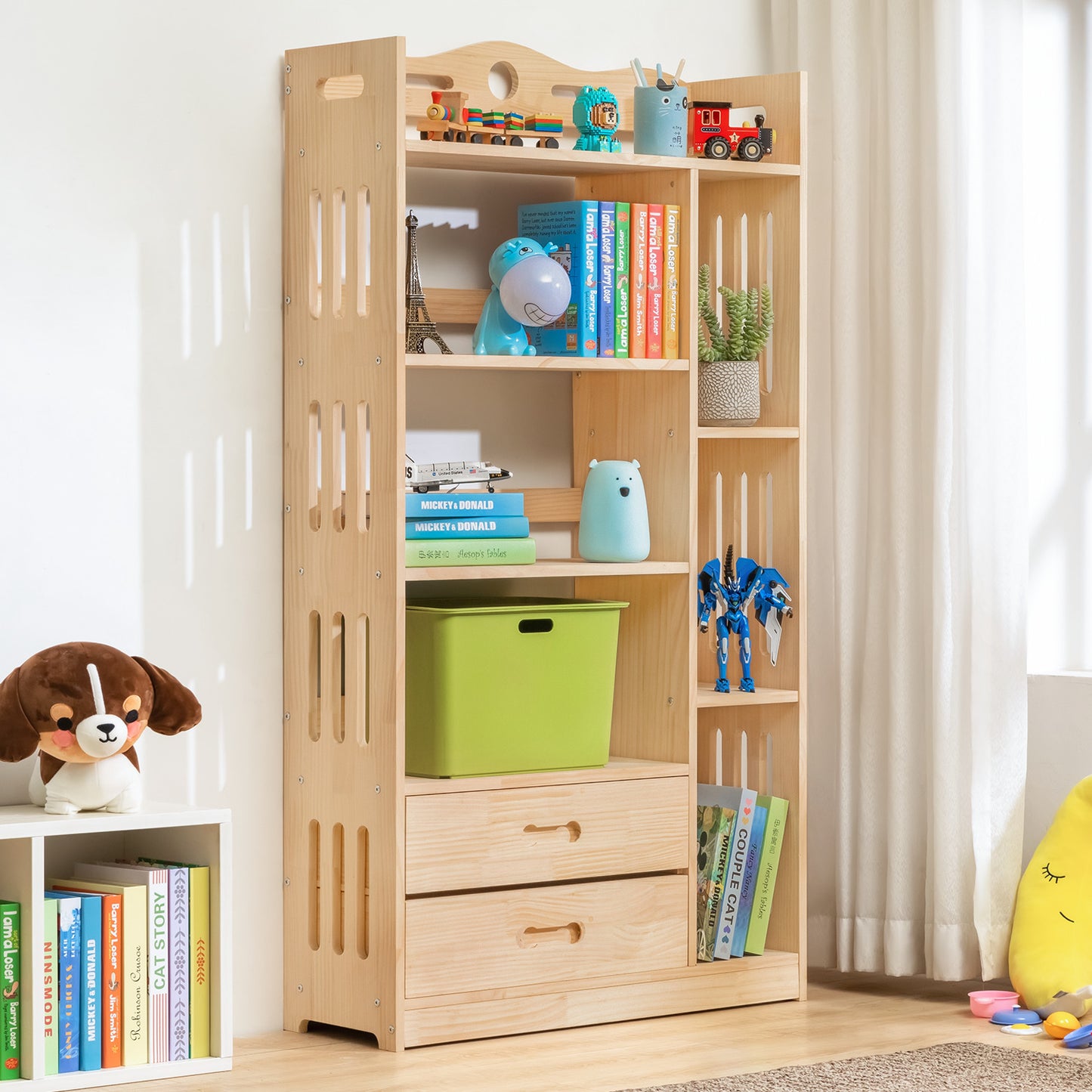 Wooden Display Storage Organizer - 5 Tier - with Drawer - 33" - Natural
