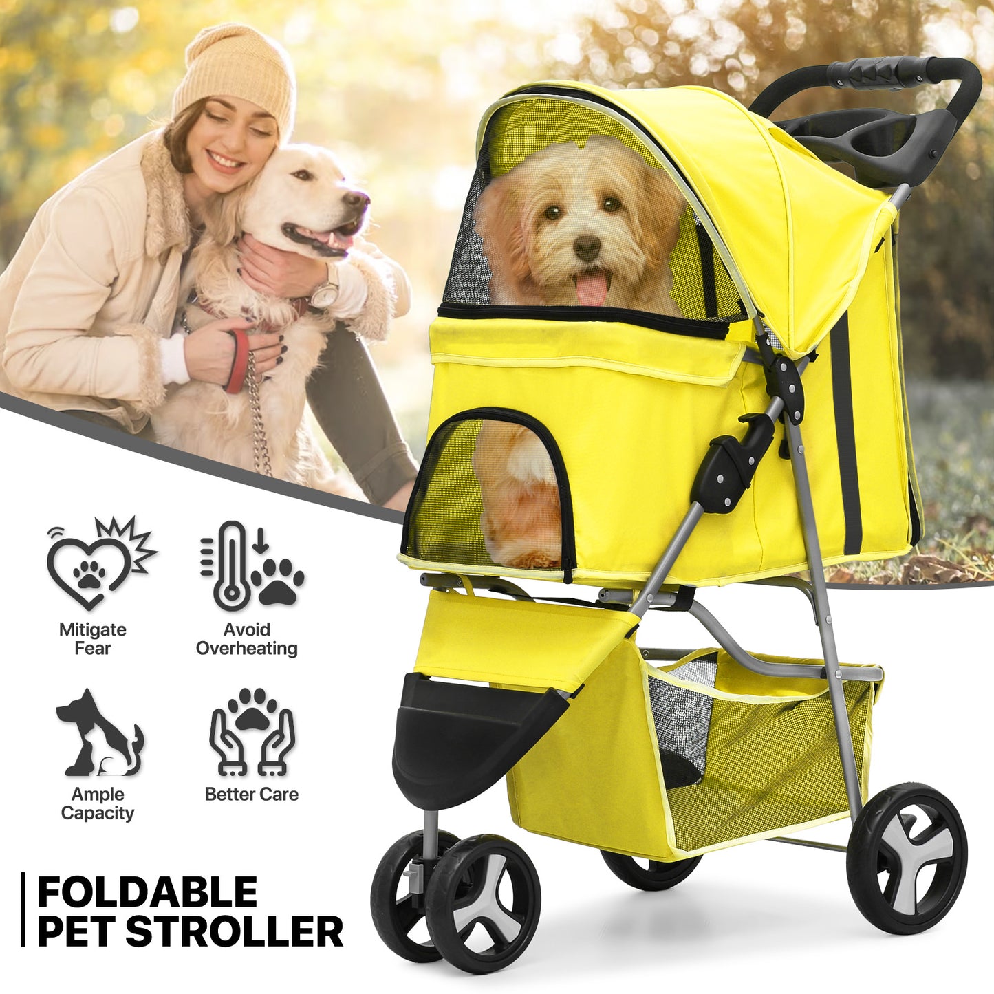 Pet Stroller - Adjustable Sunshade+Storage Basket