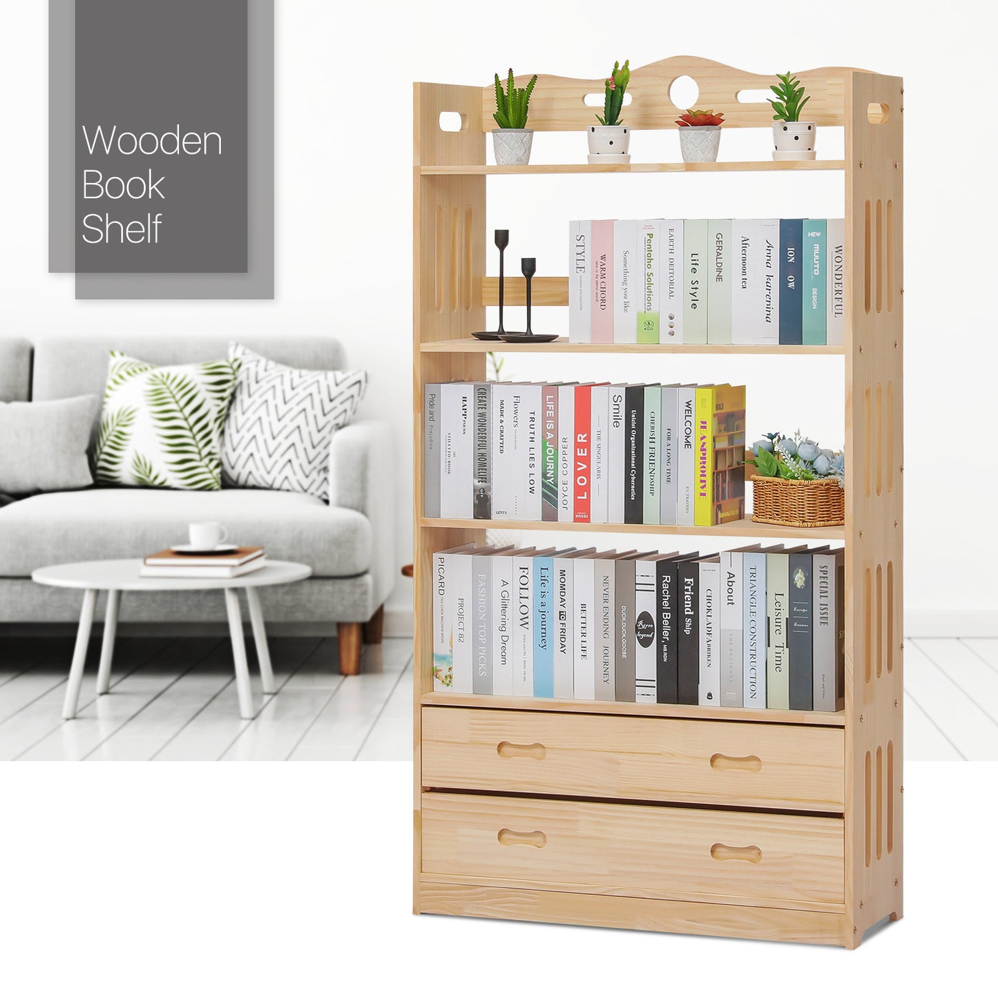 Wooden Display Storage Organizer - 5 Tier - with Drawer - Natural