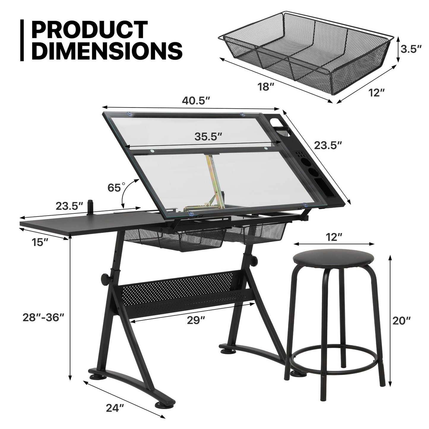 Drafting Table - 53" Crystal desktop with frame, 2 mesh drawers, with black stool