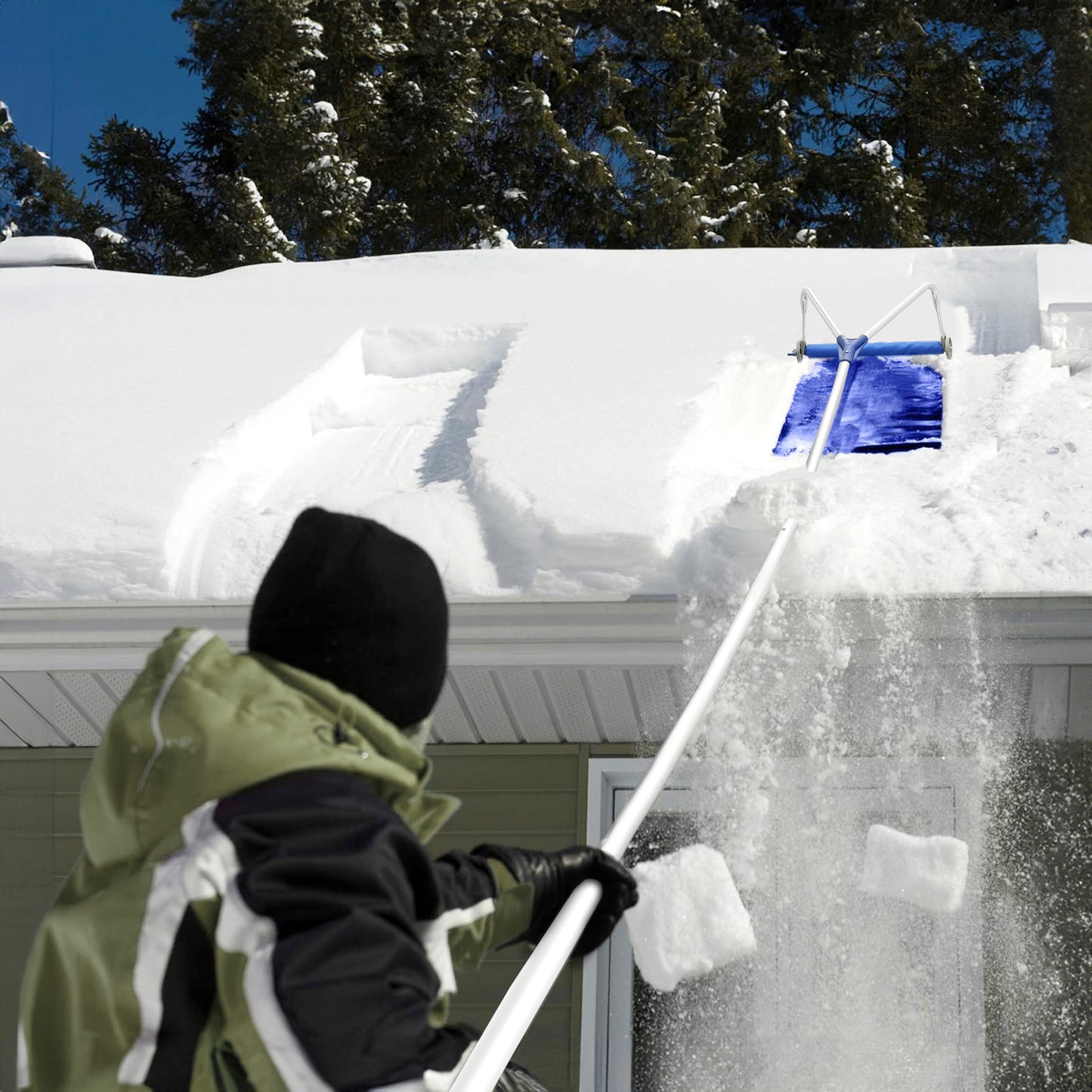 Roof Snow Rake - 5.8 to 21.5 FT Height - w/Blue Oxford Cloth - Silver