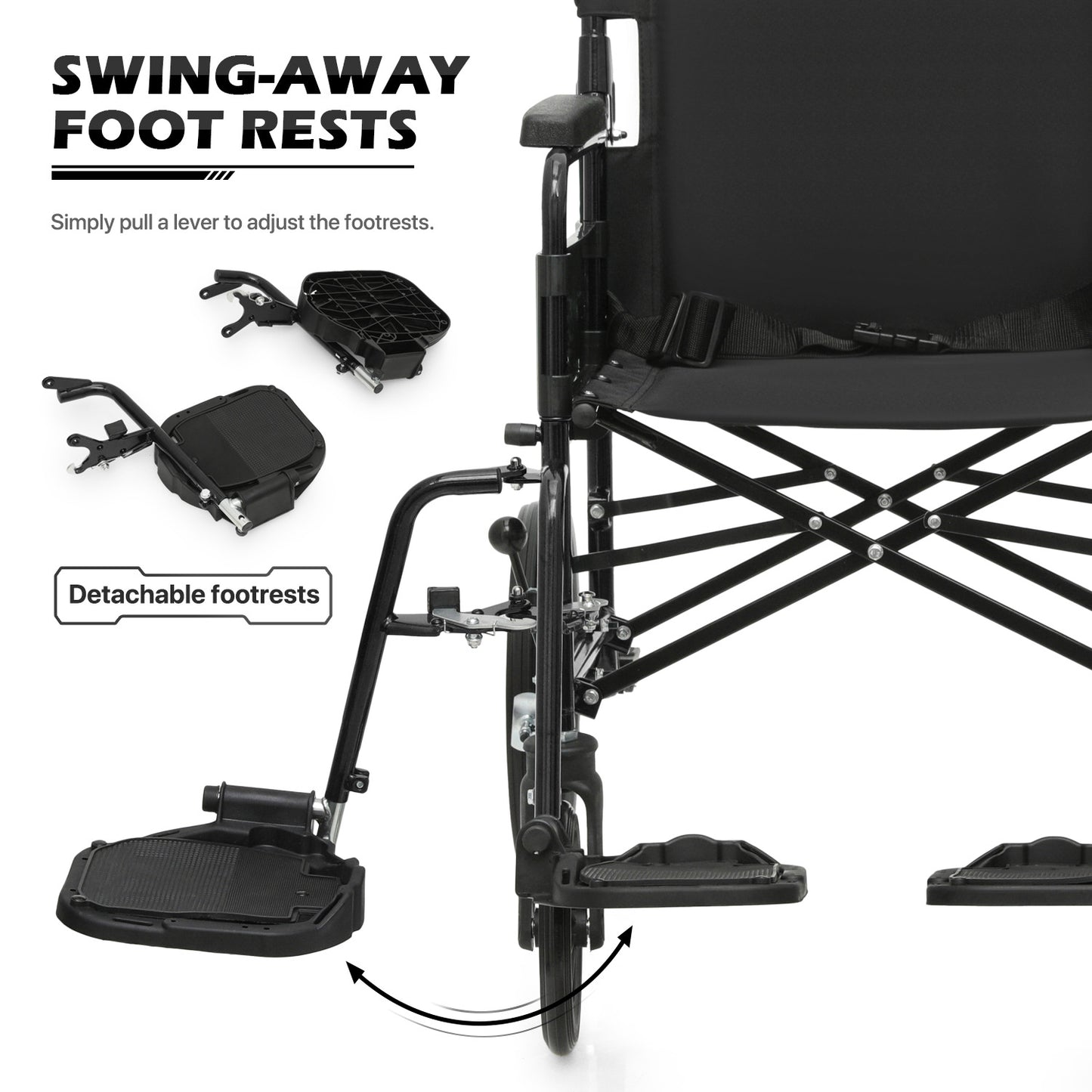 Transport Wheelchair - FDA Approved, PU Paded Armrest, Black