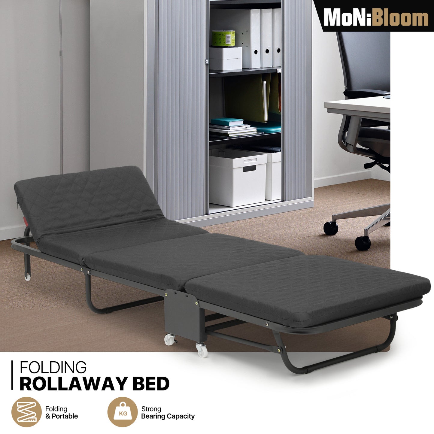 Folding Rollway Sleeping Bed - Camping Cot - 71'' Length - w/2'' Thick Mattress+6 Wheels