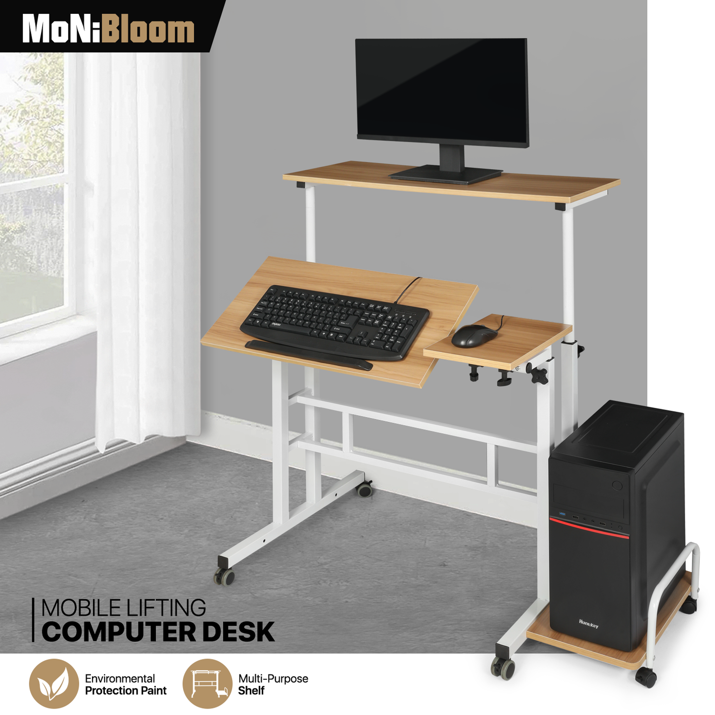 Rolling Lifting Computer Desk w/Monitor Shelf & CPU Stand - Adjustable Height & Tilt
