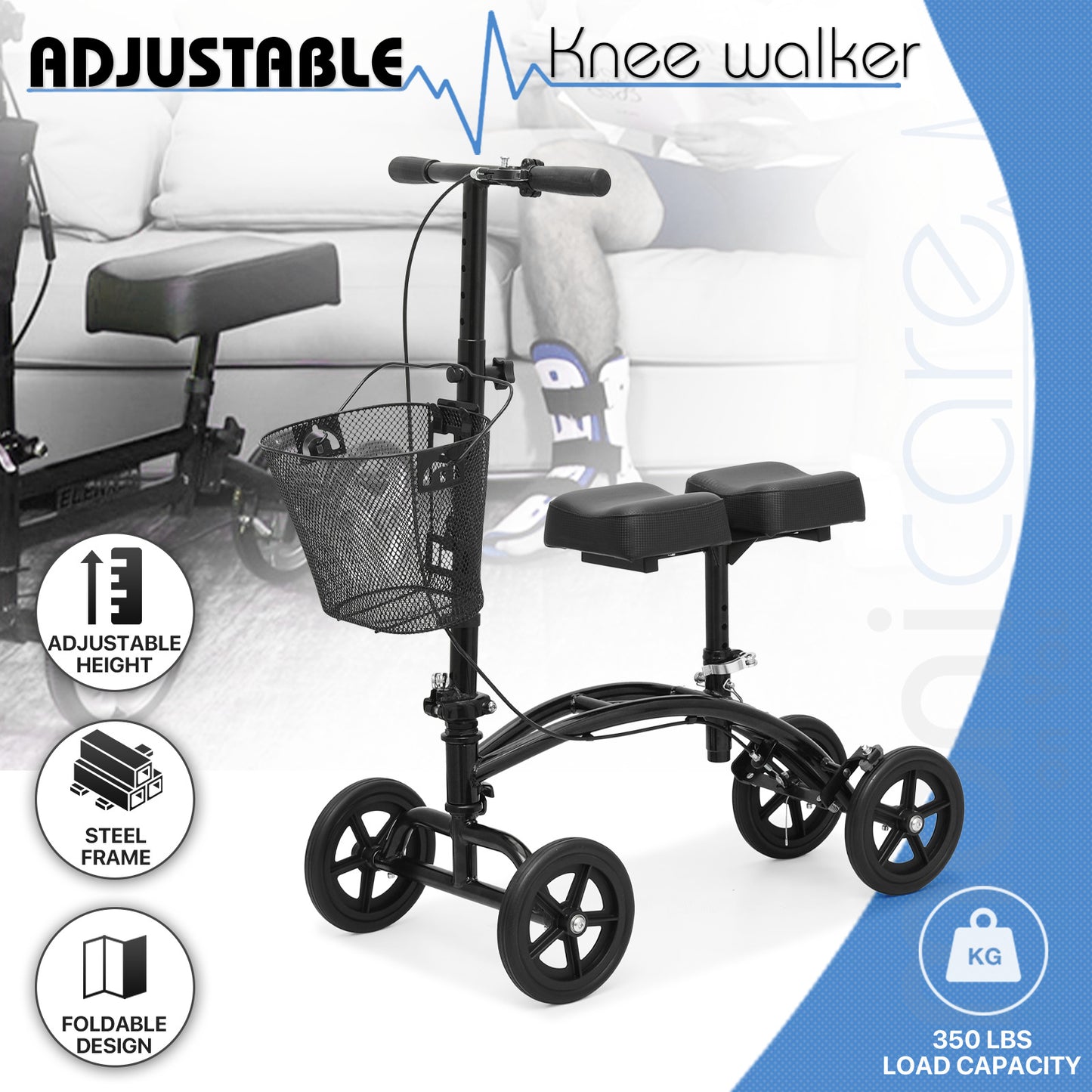 Knee Walker - Black Steel Frame Nylon Seat - 7.5'' Tires