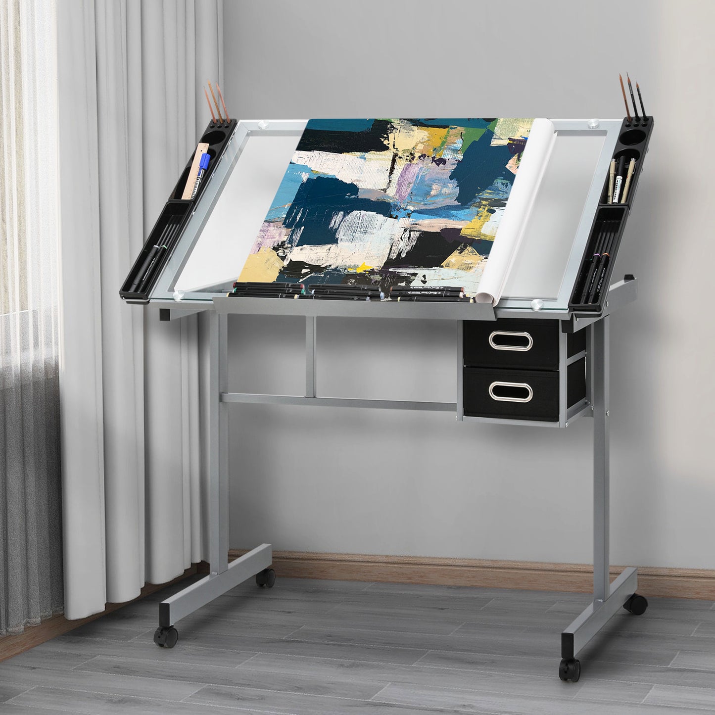 Drafting Table - 41" Crystal desktop with grey frame, 2 black drawers, rolling casters