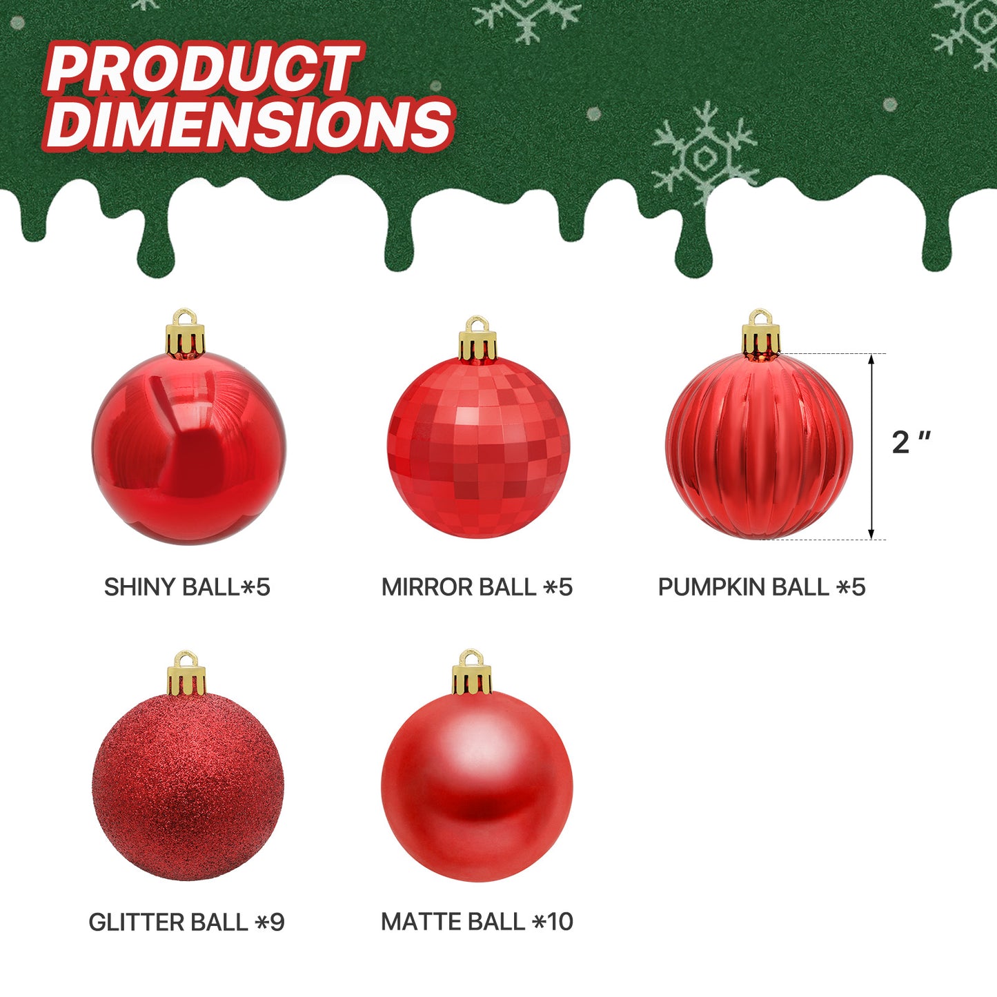 Ball Ornament - 2'' Diameter - 34PCS - 5*Shiny 5*Pumpkin 5*Mirrored 9*Glitter 10*Matte