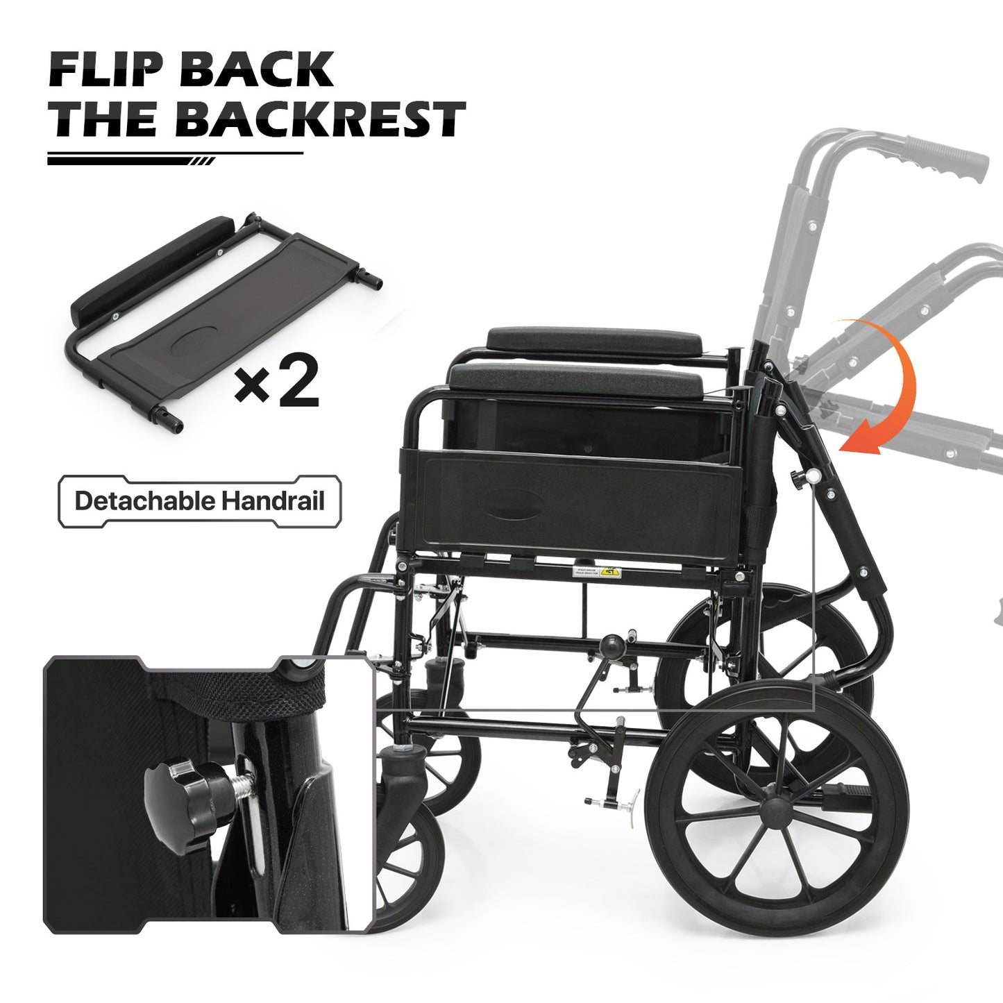 Transport Wheelchair - FDA Approved, PU Paded Armrest, Black