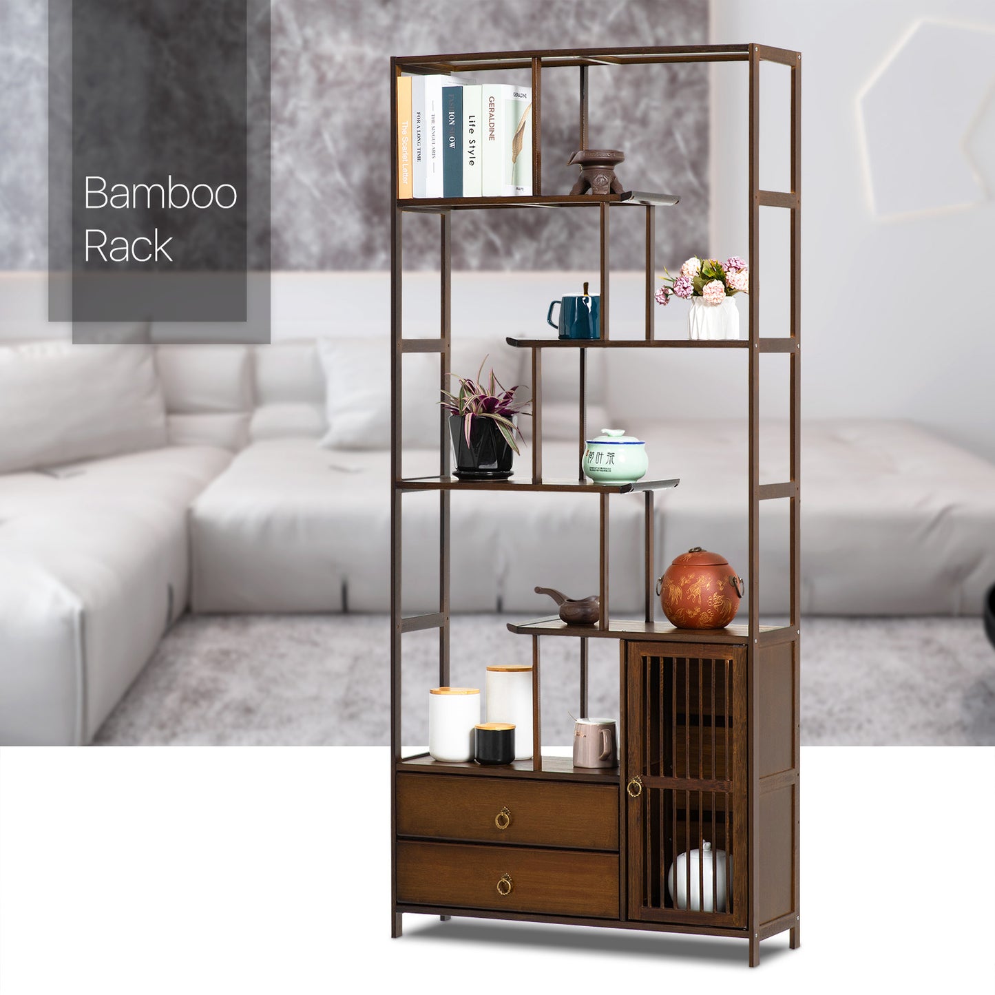 Chinese Etagere Fence Door Bottom Space Bookcase w/Dual Drawers - Brown