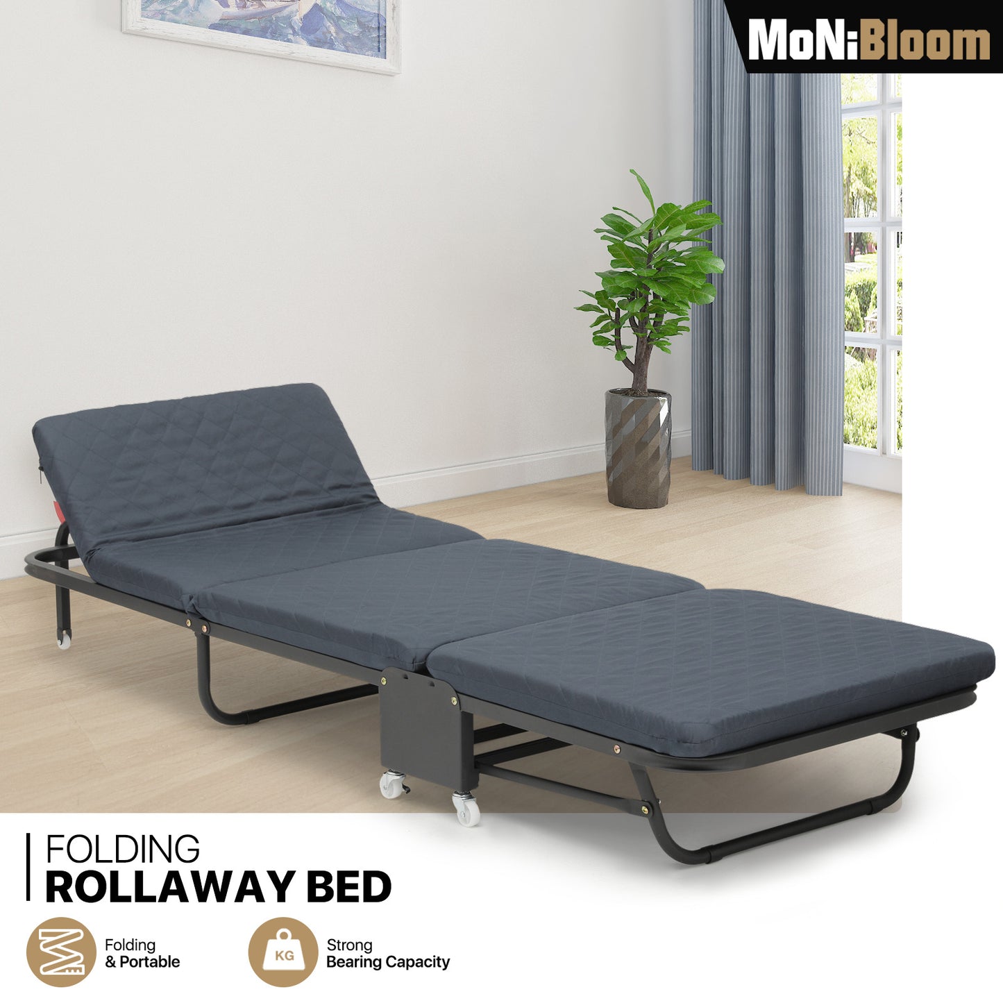 Folding Rollway Sleeping Bed - Camping Cot - 71'' Length - w/2'' Thick Mattress+6 Wheels