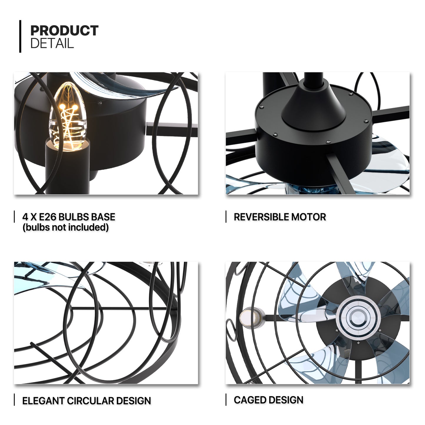 18" Caged Ceiling Fan  - 3 Color Changing - 3 Speeds w/2 Down Rods