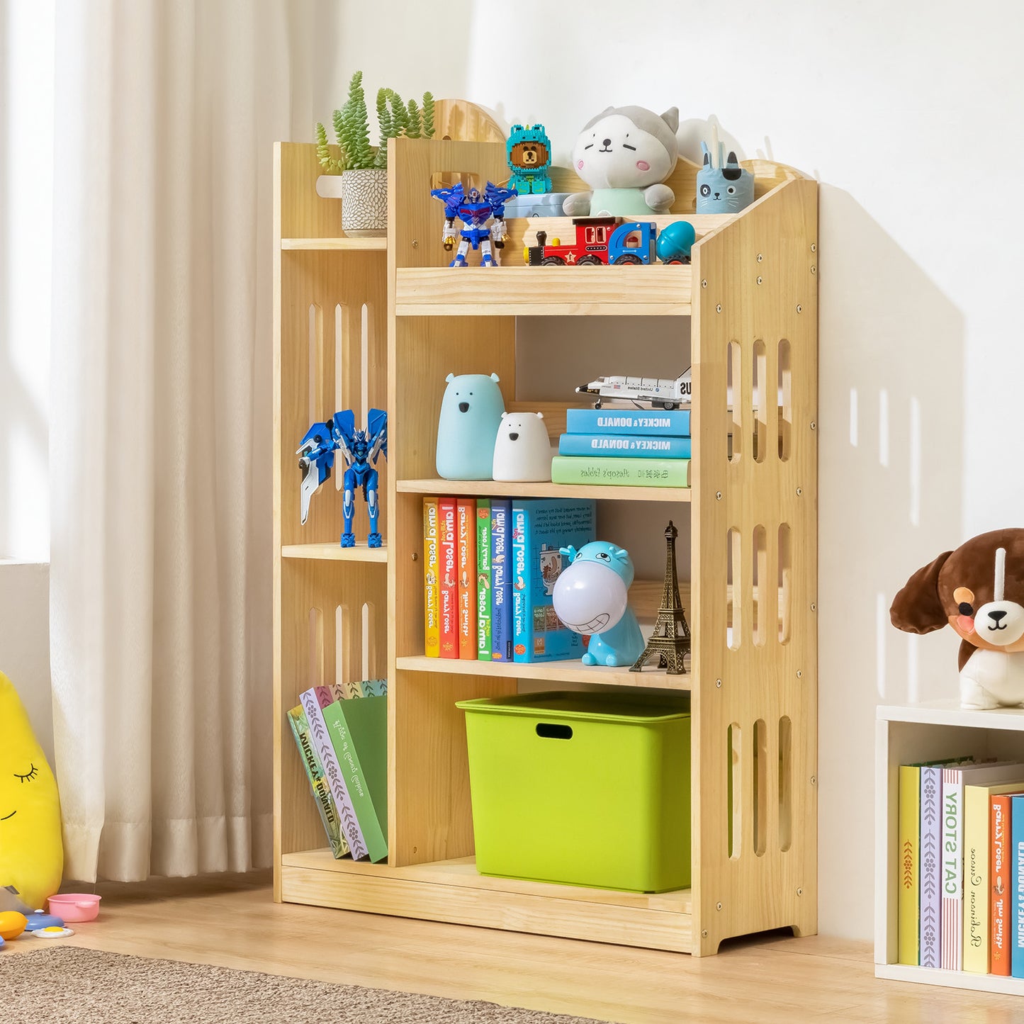 Wooden Display Storage Organizer - Unequal Top - 4 Tier - 33" - Natural