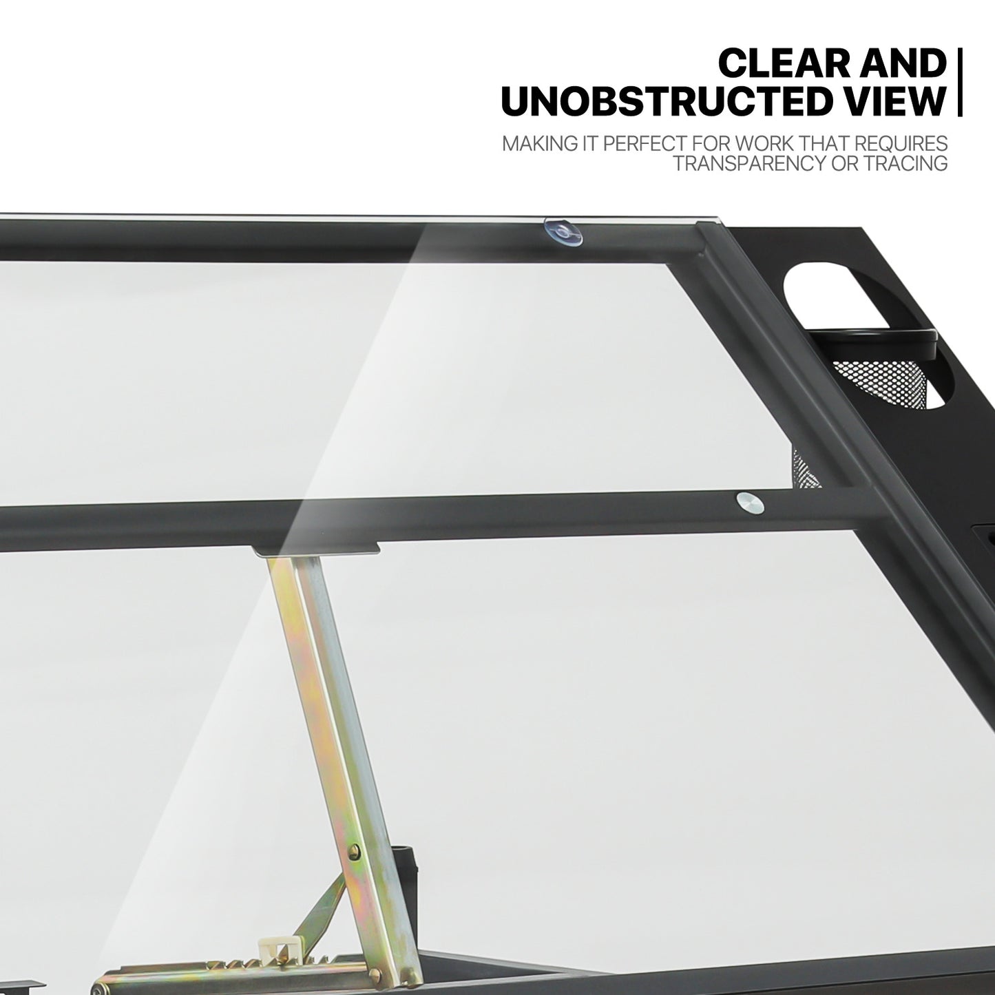 Drafting Table - 53" Crystal desktop with frame, 2 mesh drawers, with black stool