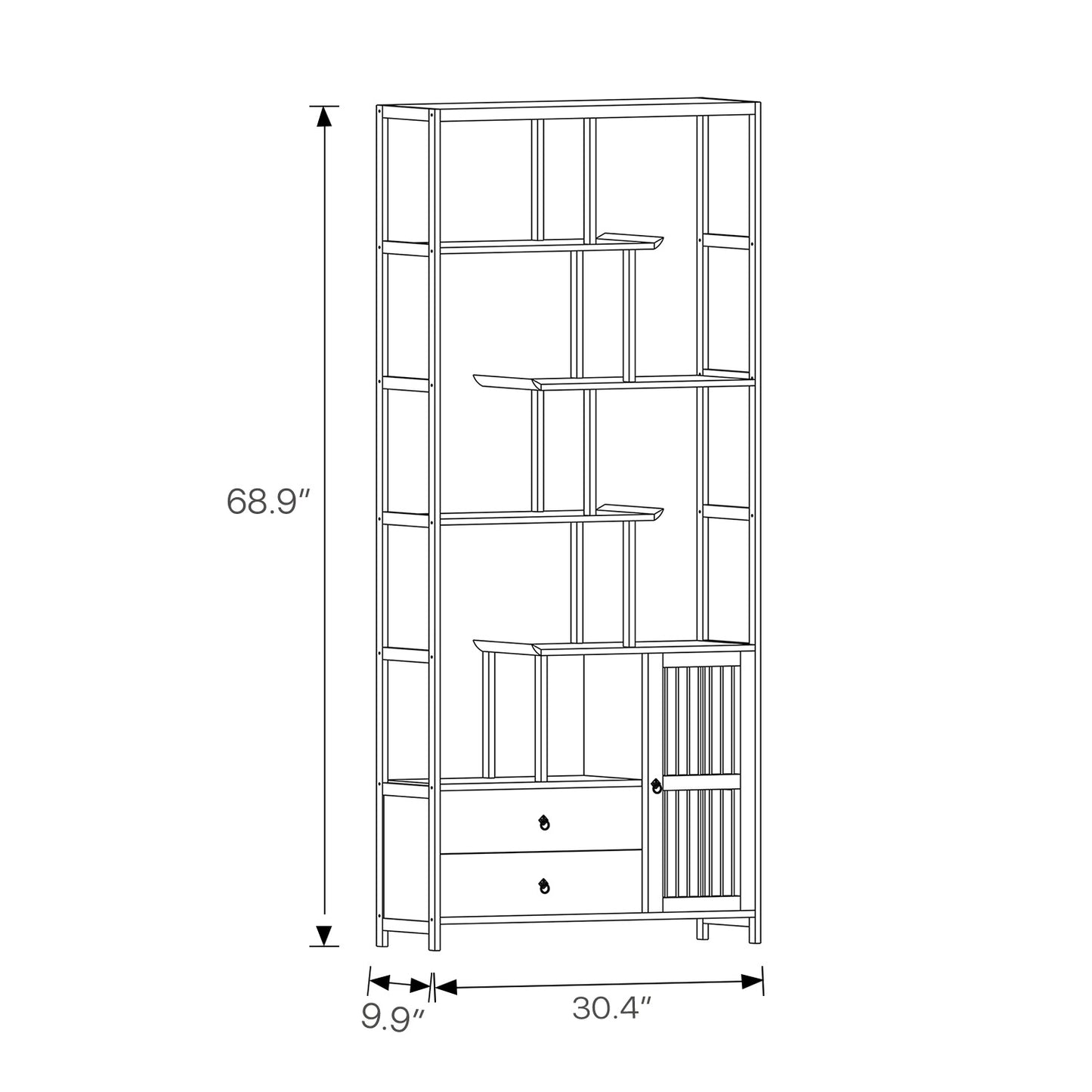 Chinese Etagere Fence Door Bottom Space Bookcase w/Dual Drawers - Brown
