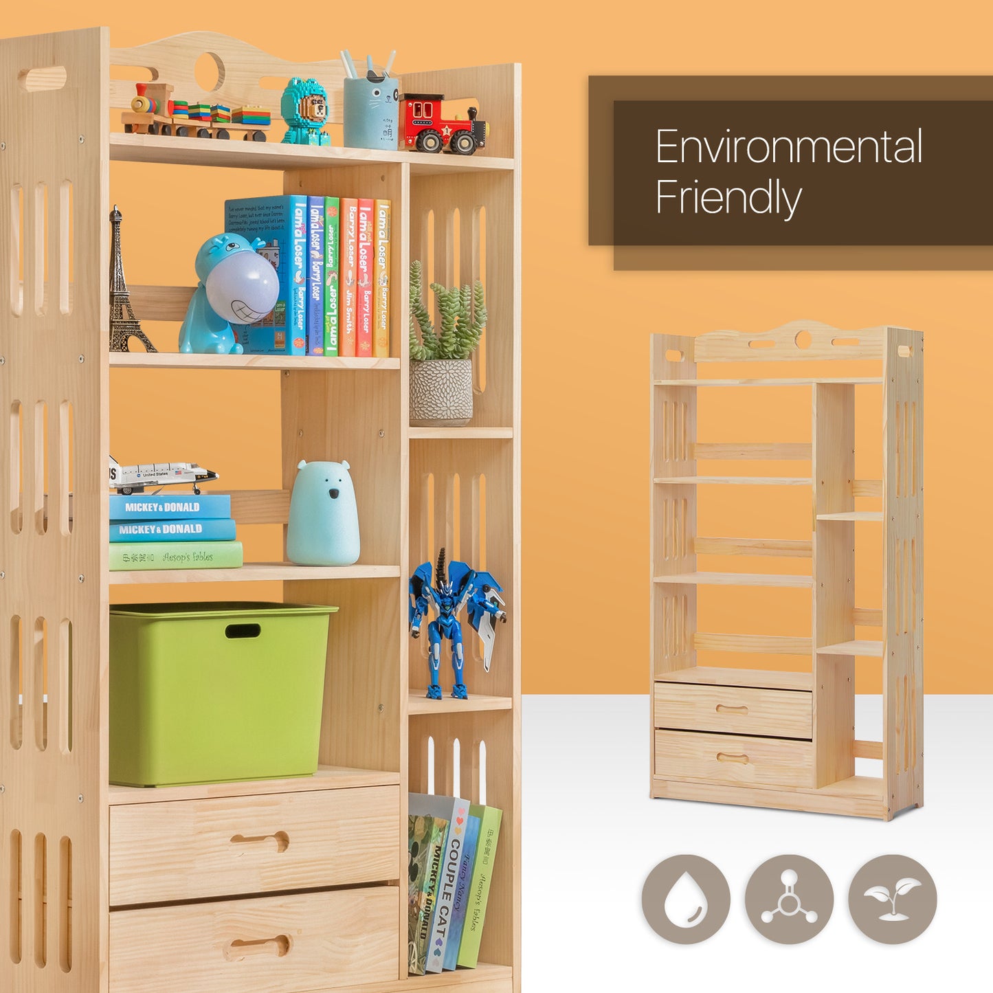 Wooden Display Storage Organizer - 5 Tier - with Drawer - 33" - Natural