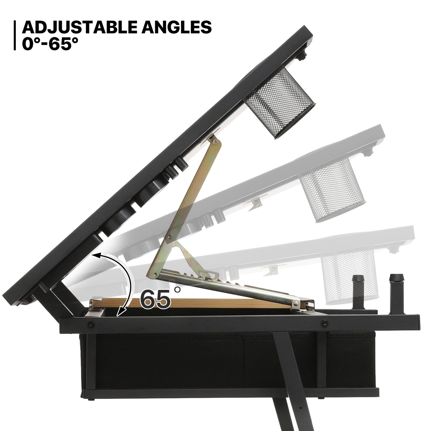 Drafting Table - 61" Natural desktop with black frame, 2 black drawers, with black stool
