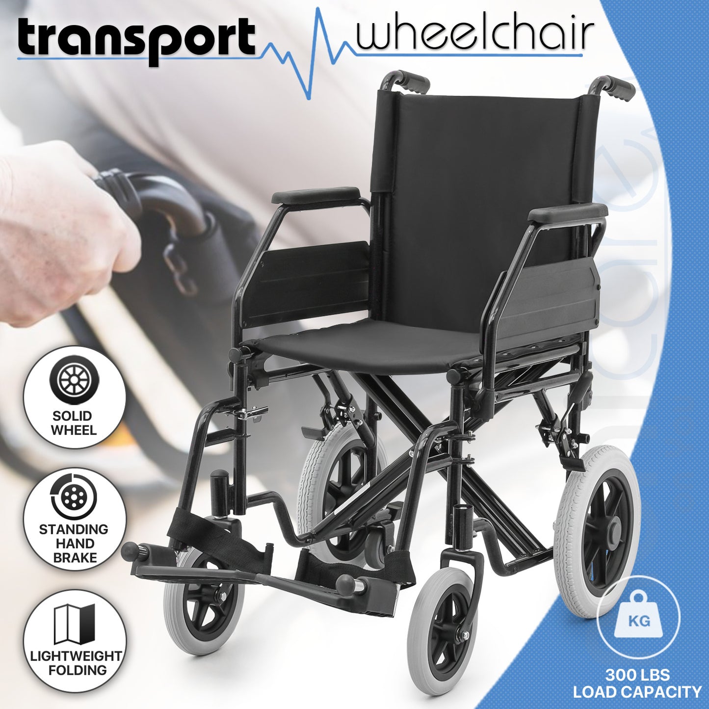 Transport Wheelchair - PU Solid Tyre - Black