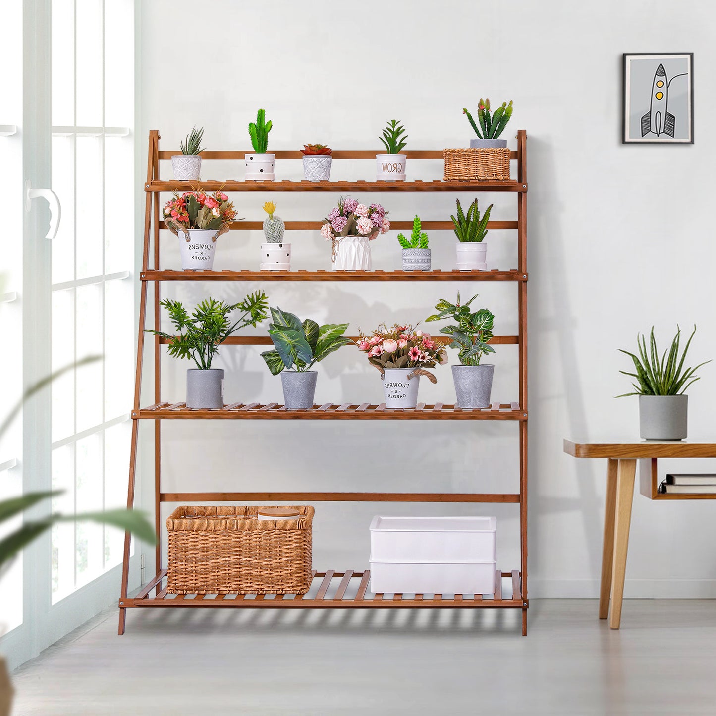 Foldable Flower Plant Rack - A Frame Stand Shelf - 4 Tier - Brown