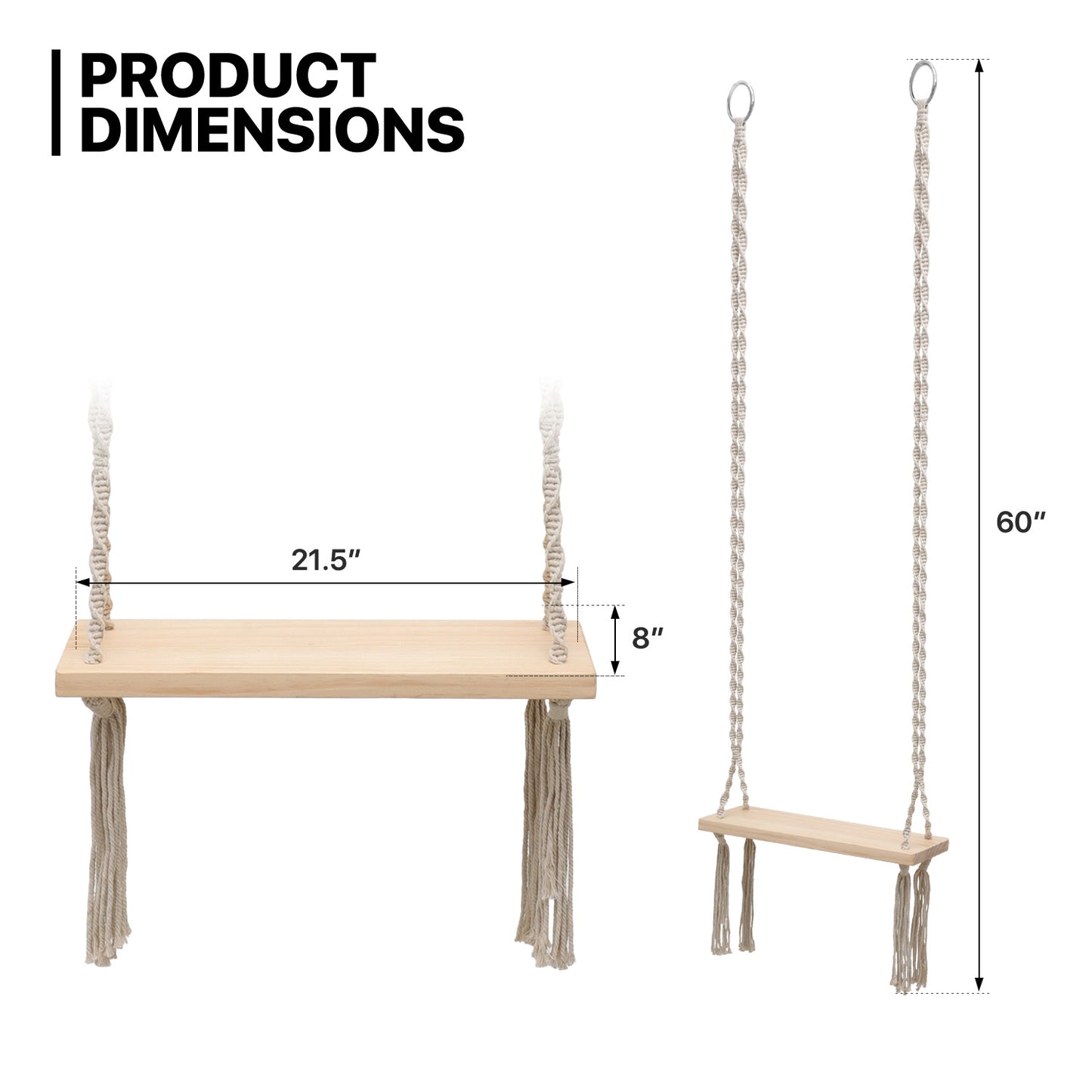 Swing Flat Bench - Adjustable Rope Hanging Seat with Tassels - Pine Wood