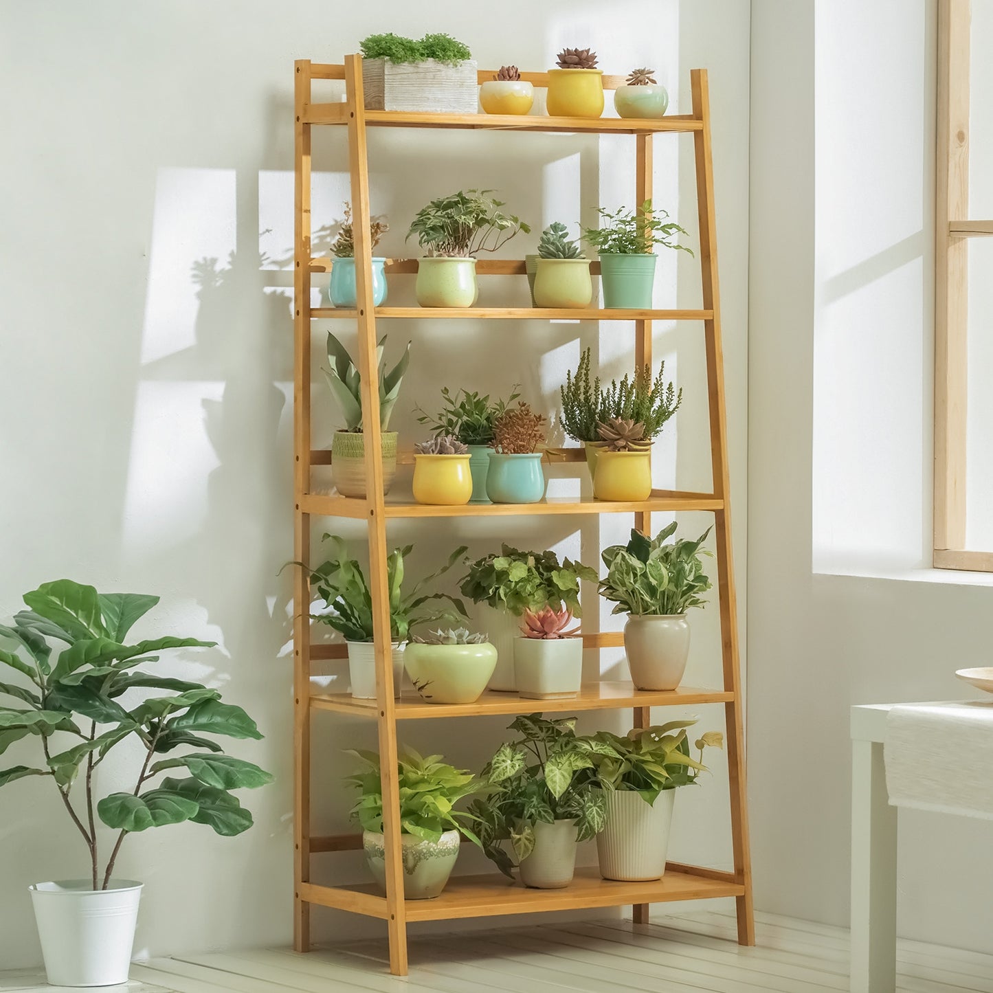 Simplified Trapezoid Multi-Functional Flower Plant Rack - 5 Tier - Natural