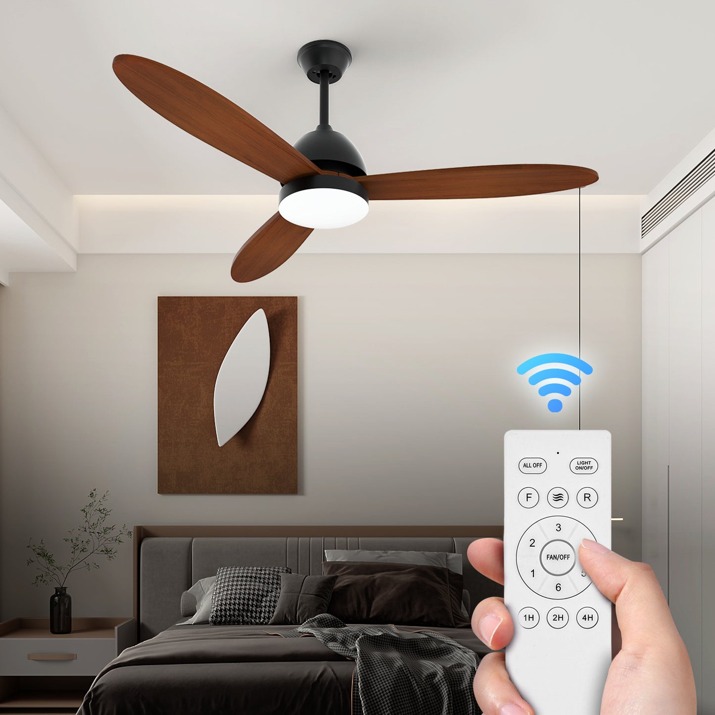 52" LED Ceiling Fan - 3 Blades - 3 Color Changing - 6 Speeds w/2 Down Rods