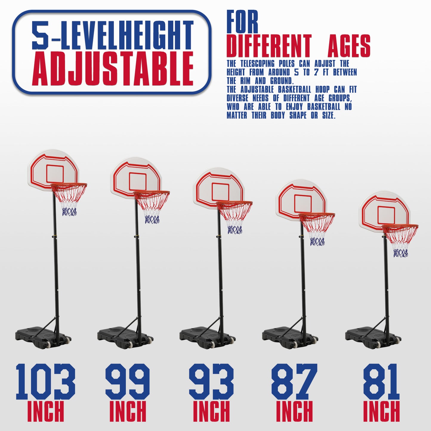 7 ft Adjustable Height Basketball Hoop - White Backboard