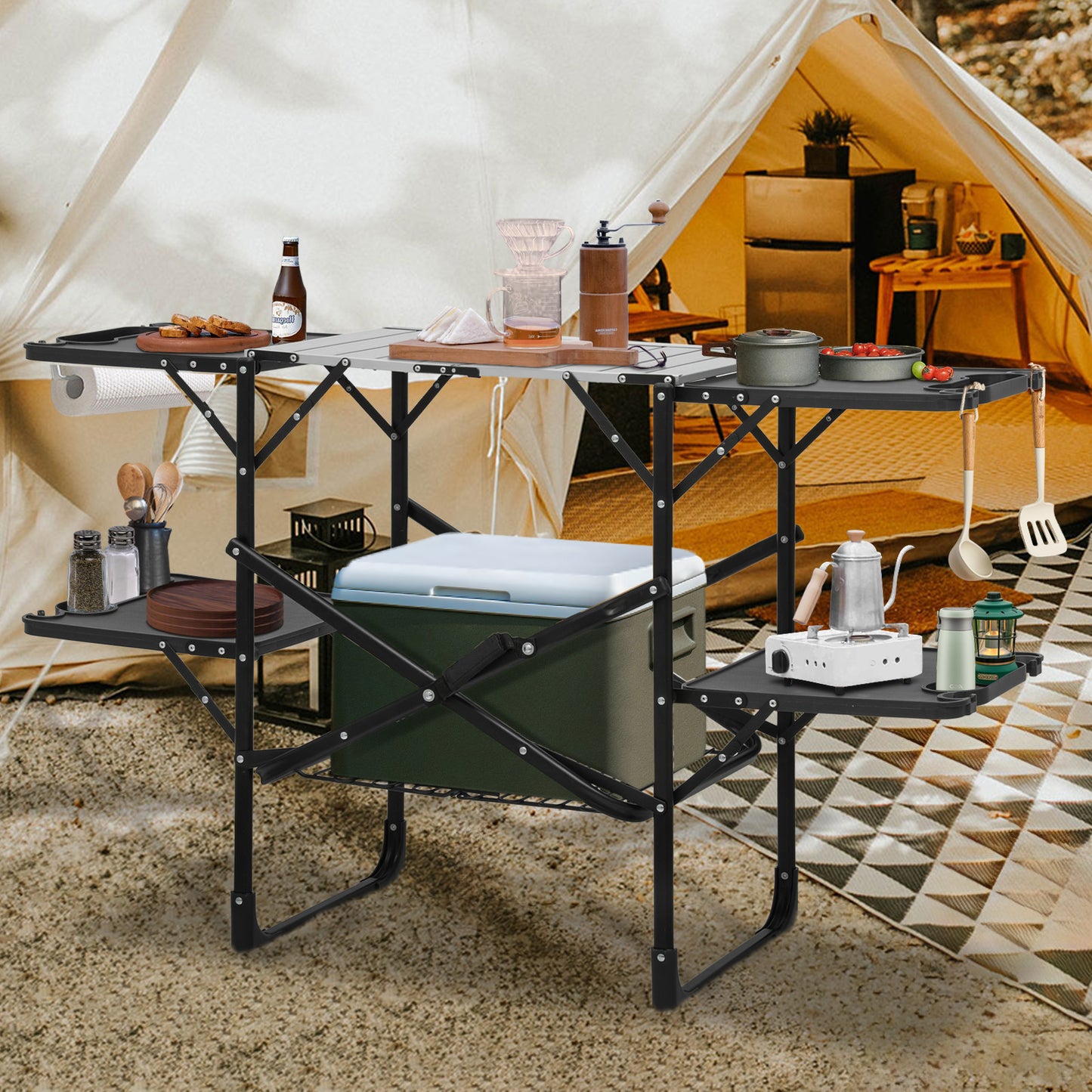 Folding Camping Table 52"x17.5"x32" - Black/silver