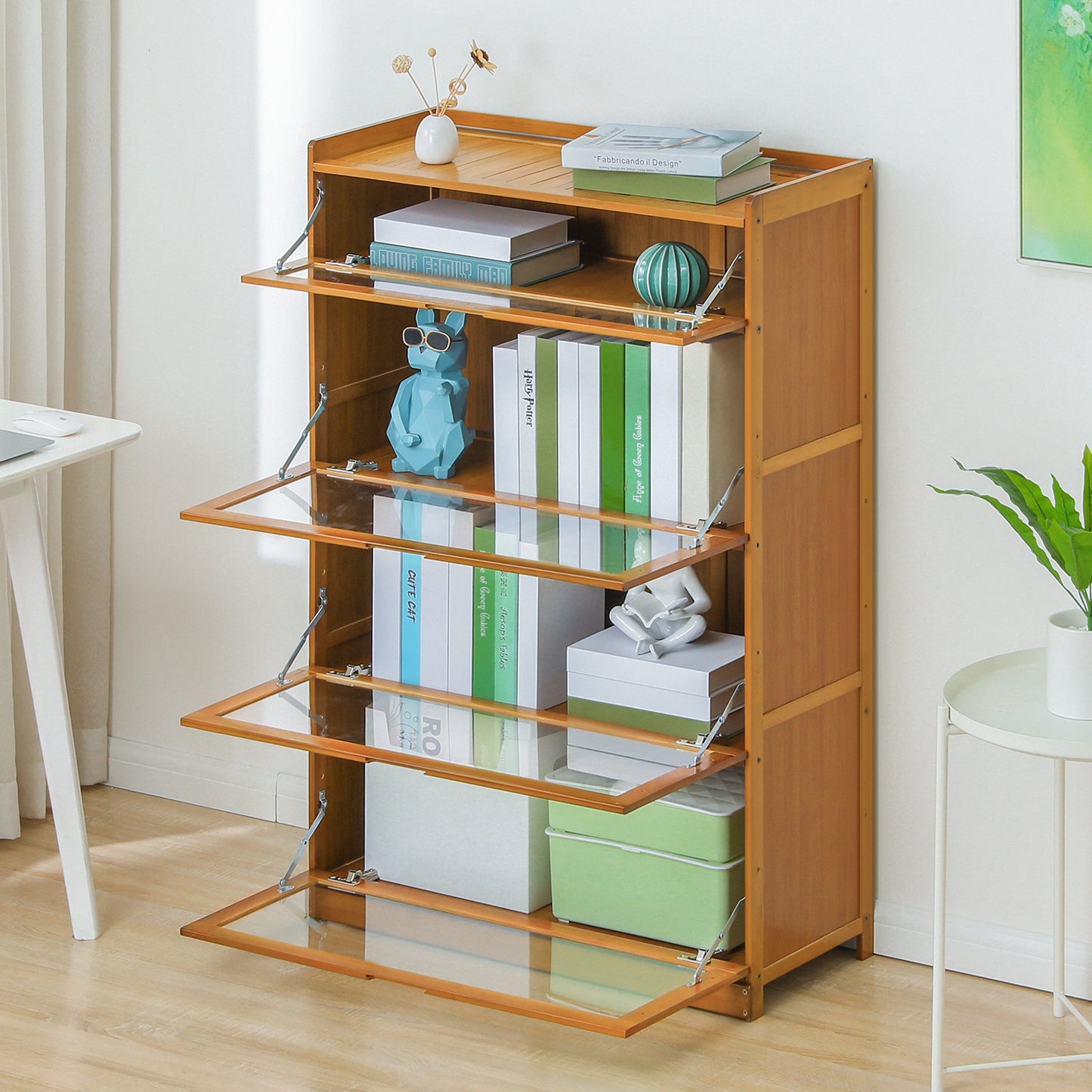 Visible Drop Down Door Bookcase w/Short Compartment - Bamboo/Acrylic - Brown