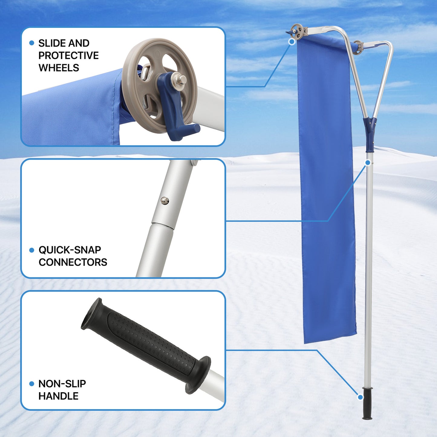 Roof Snow Rake - 5.8 to 21.5 FT Height - w/Blue Oxford Cloth - Silver