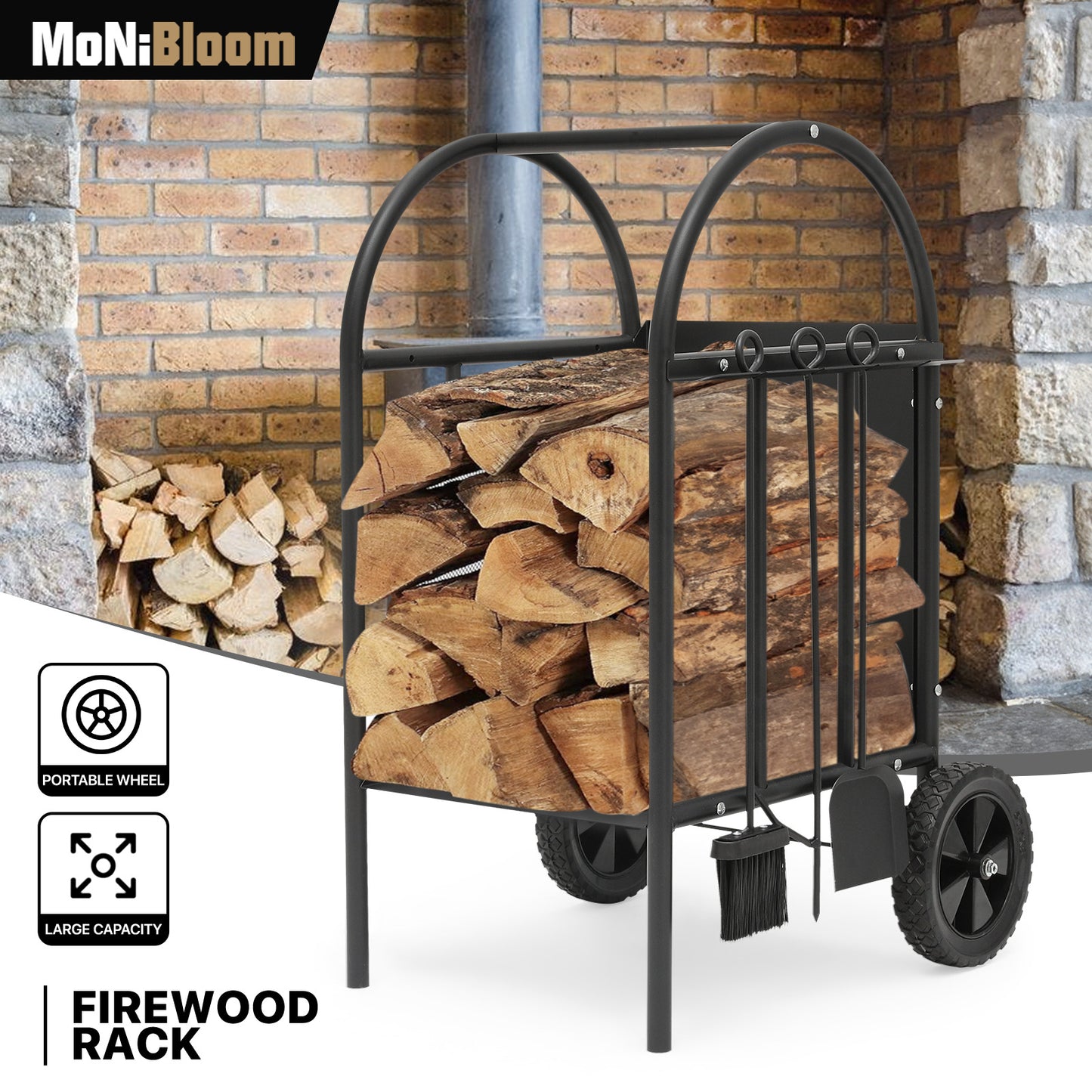 Rolling Firewood Rack - Log Storage Cart - with Poker, Shovel, Broom